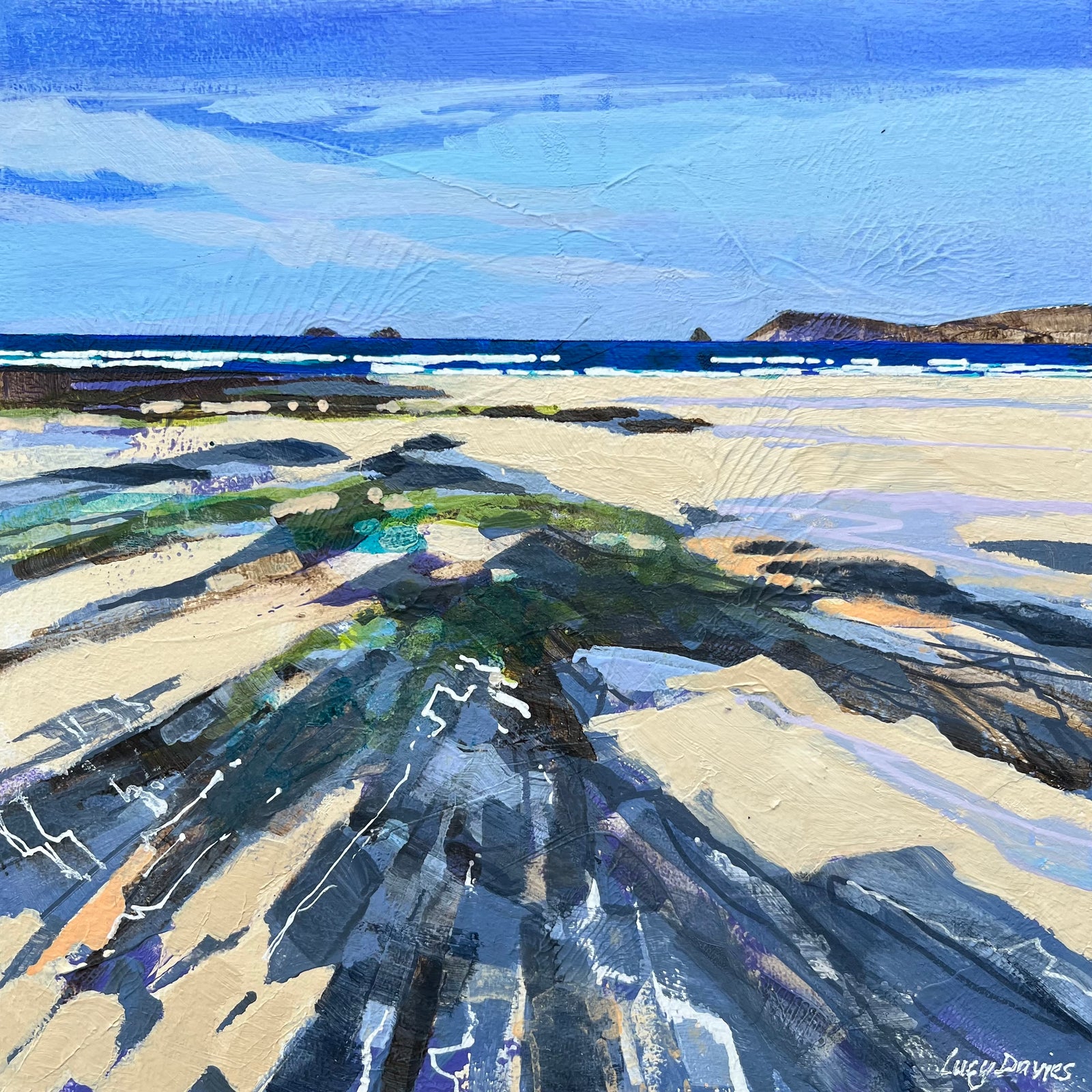 Painting of a coastal landscape with a blue sky and sandy beach.