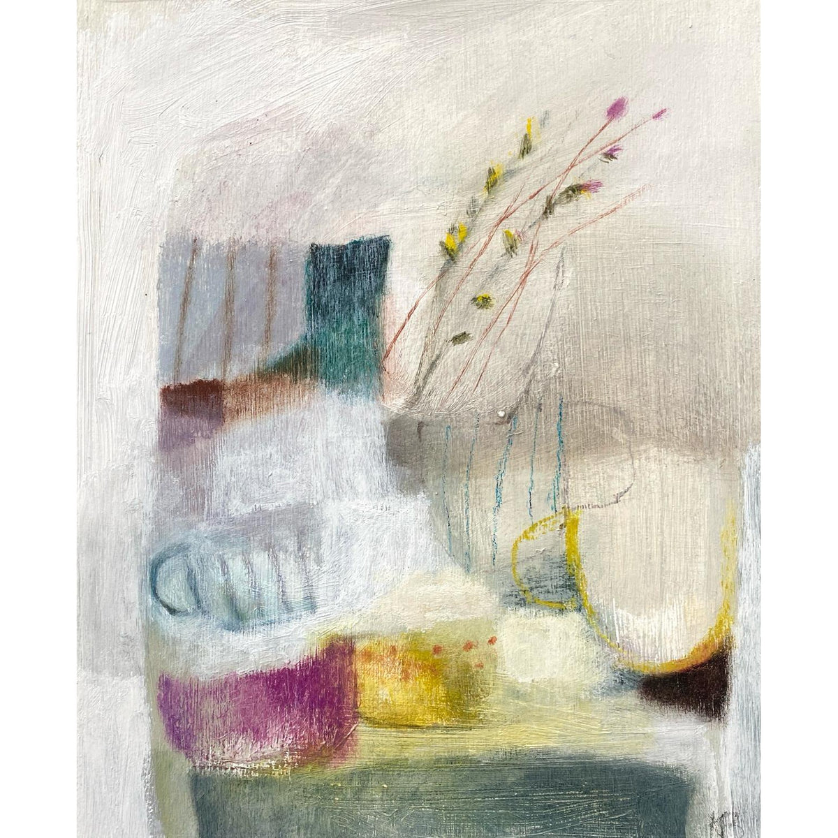 ‘Pink and Yellow Cups’ mixed media and collage on board, by Karen Birchwood, available at Padstow Gallery, Cornwall