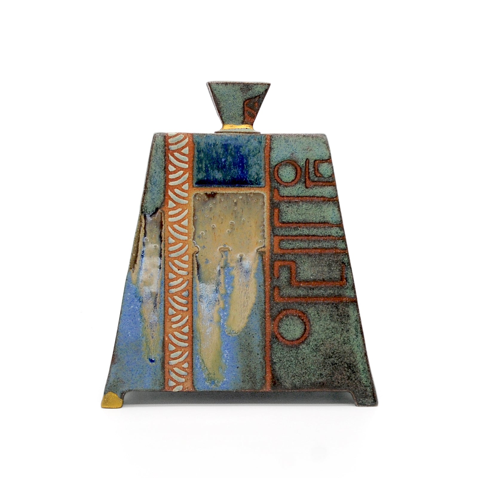 MK53 Pyramid Box with brass kintsugi By Miae Kim ceramics available at Padstow Gallery, Cornwall
