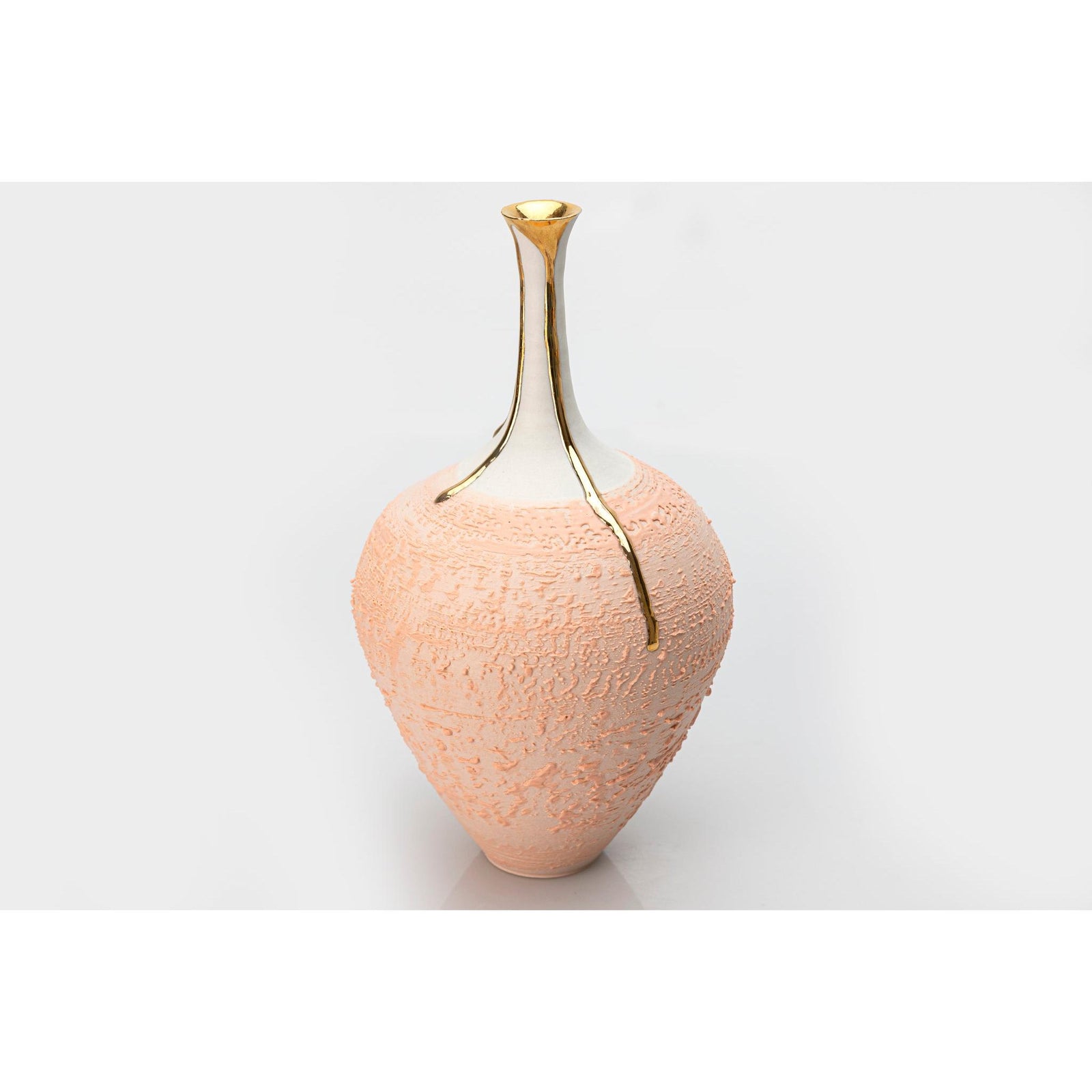 AMC210 Peach Fuzz Long Neck Vase with Gold Lustre by Alex McCarthy available at Padstow Gallery, Cornwall