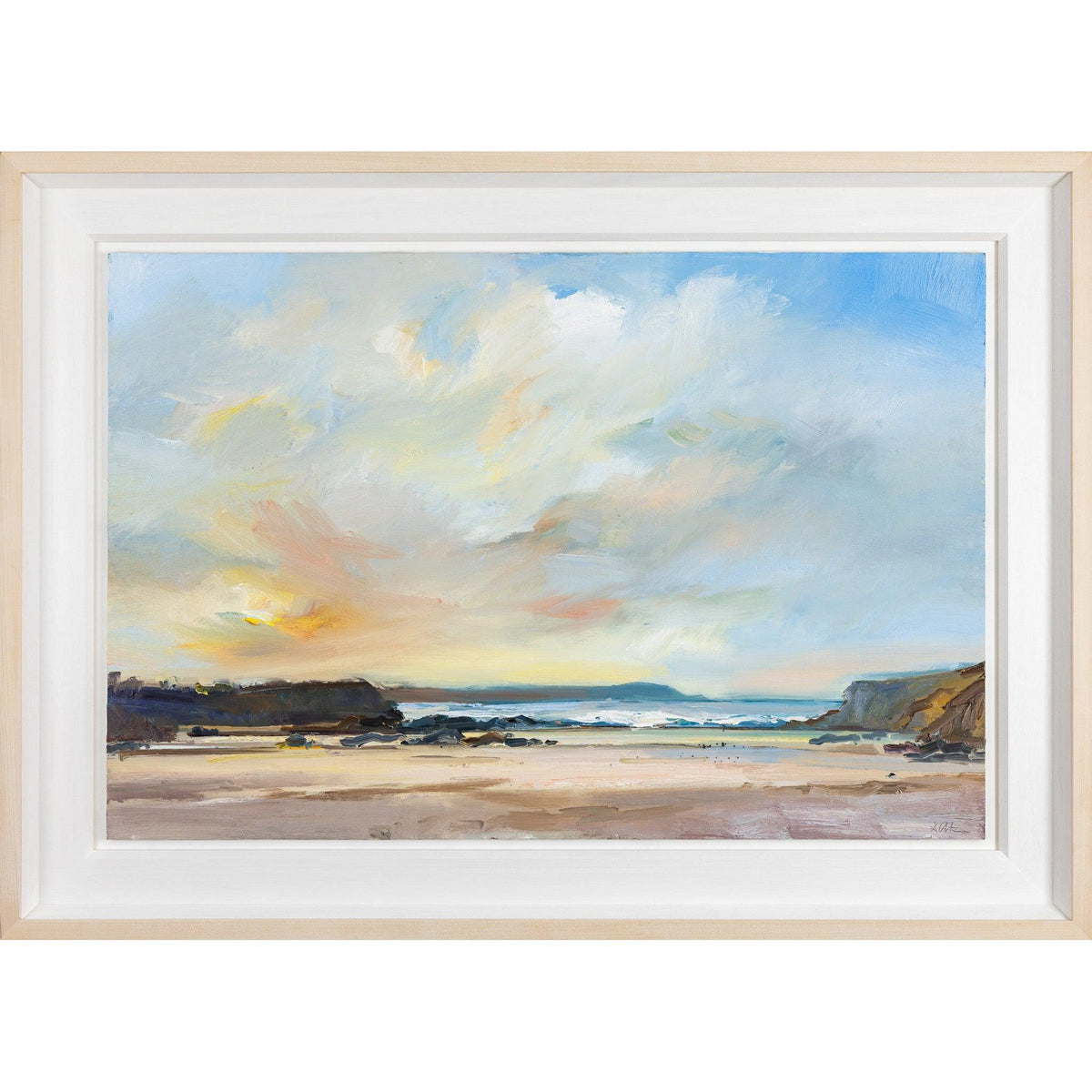 &#39;Sunset, Trevone Beach&#39; oil on board original by David Atkins, available at Padstow Gallery, Cornwall