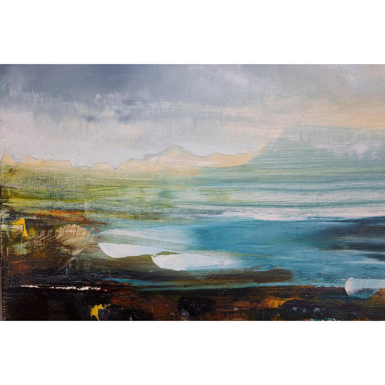 Abstract landscape painting with a focus on water and sky.