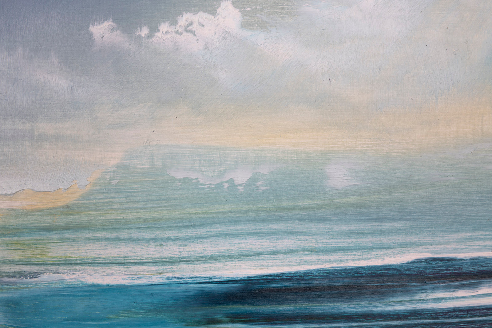 Abstract watercolor painting of a landscape with blue, green, and gray tones.