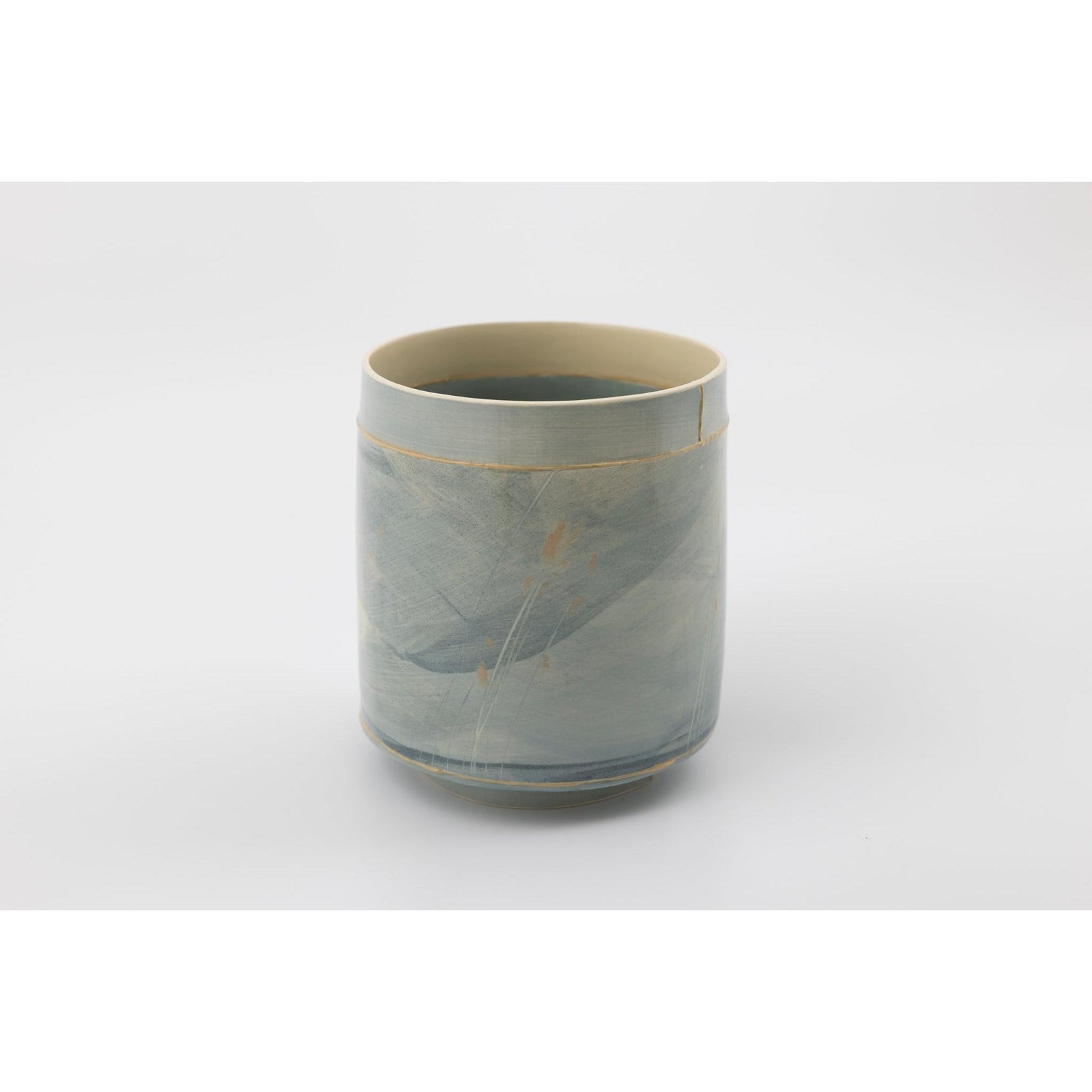 EKW2 Mid Round Vessel | Blue with dusky pink, handbuilt ceramic created by Emily-Kriste Wilcox, available from Padstow Gallery, Cornwall
