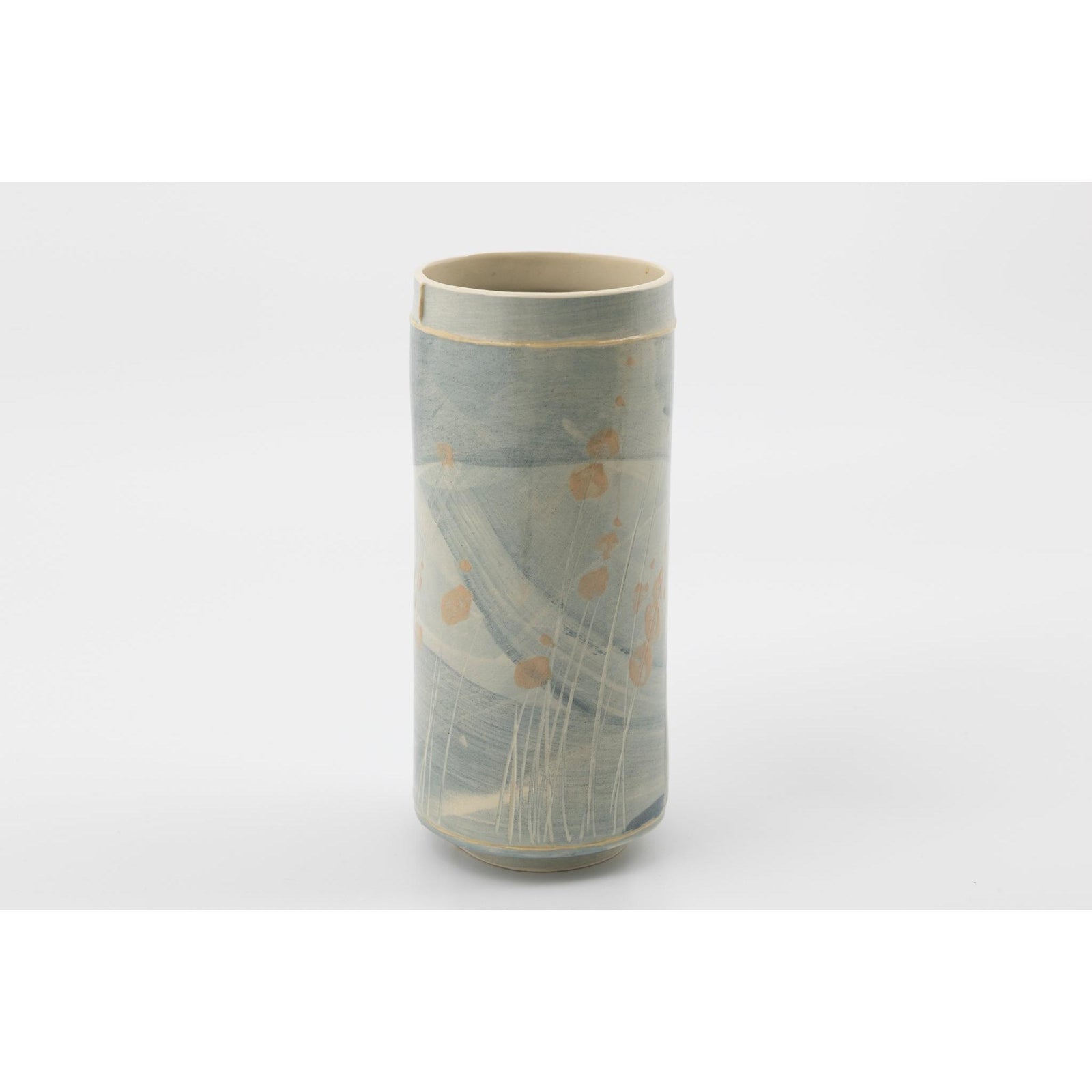 EKW3 Slim Vase | Blue with Dusky Pink, handbuilt ceramic created by Emily-Kriste Wilcox, available from Padstow Gallery, Cornwall