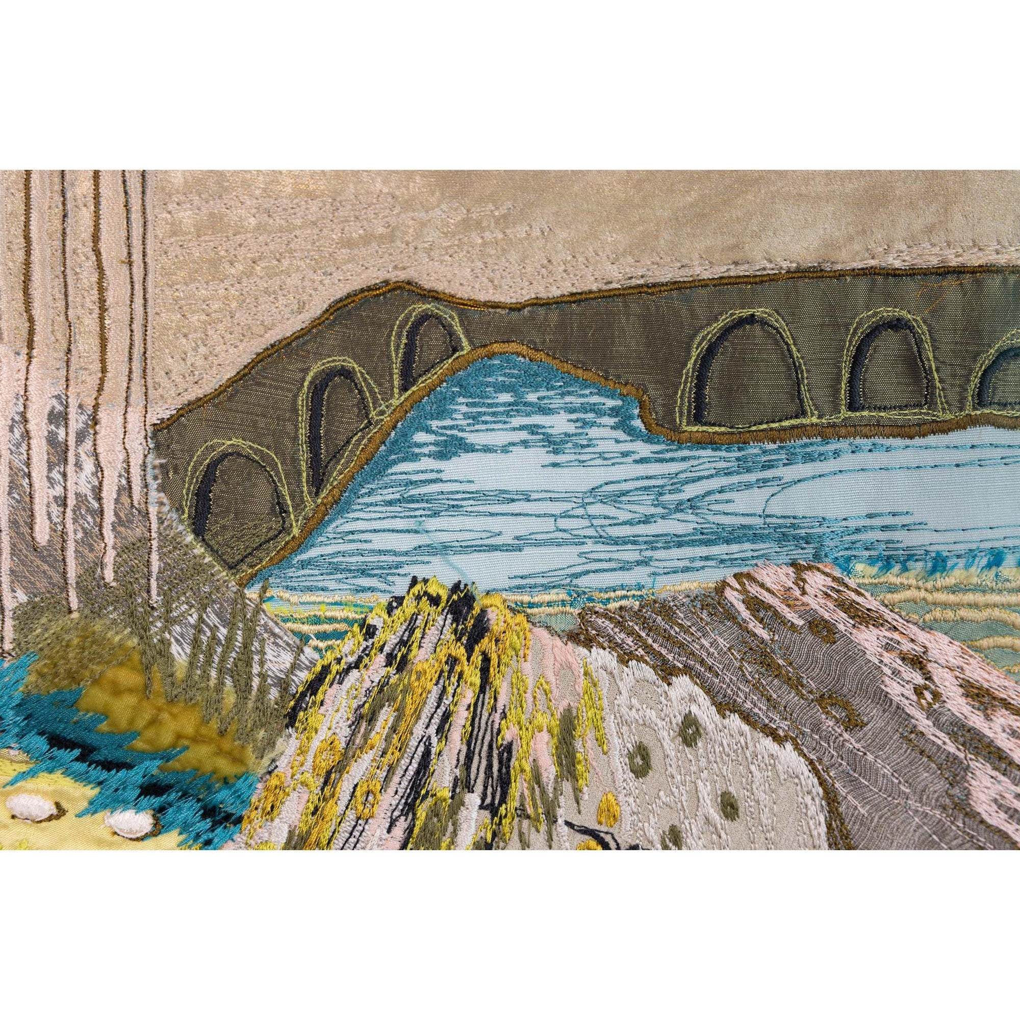'Turquoise Waters' dynamic stitched textiles by Sarah Pooley, available at Padstow Gallery, Cornwall