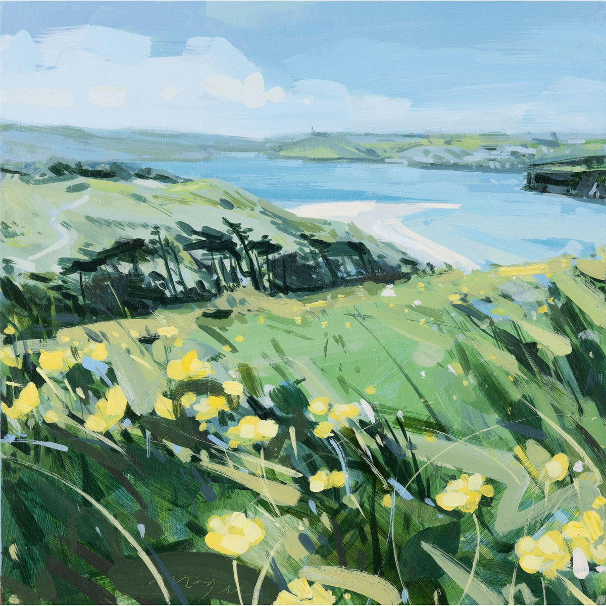 ‘Buttercup Hilltop&#39; acrylic on wooden block by Imogen Bone, available at Padstow Gallery, Cornwall