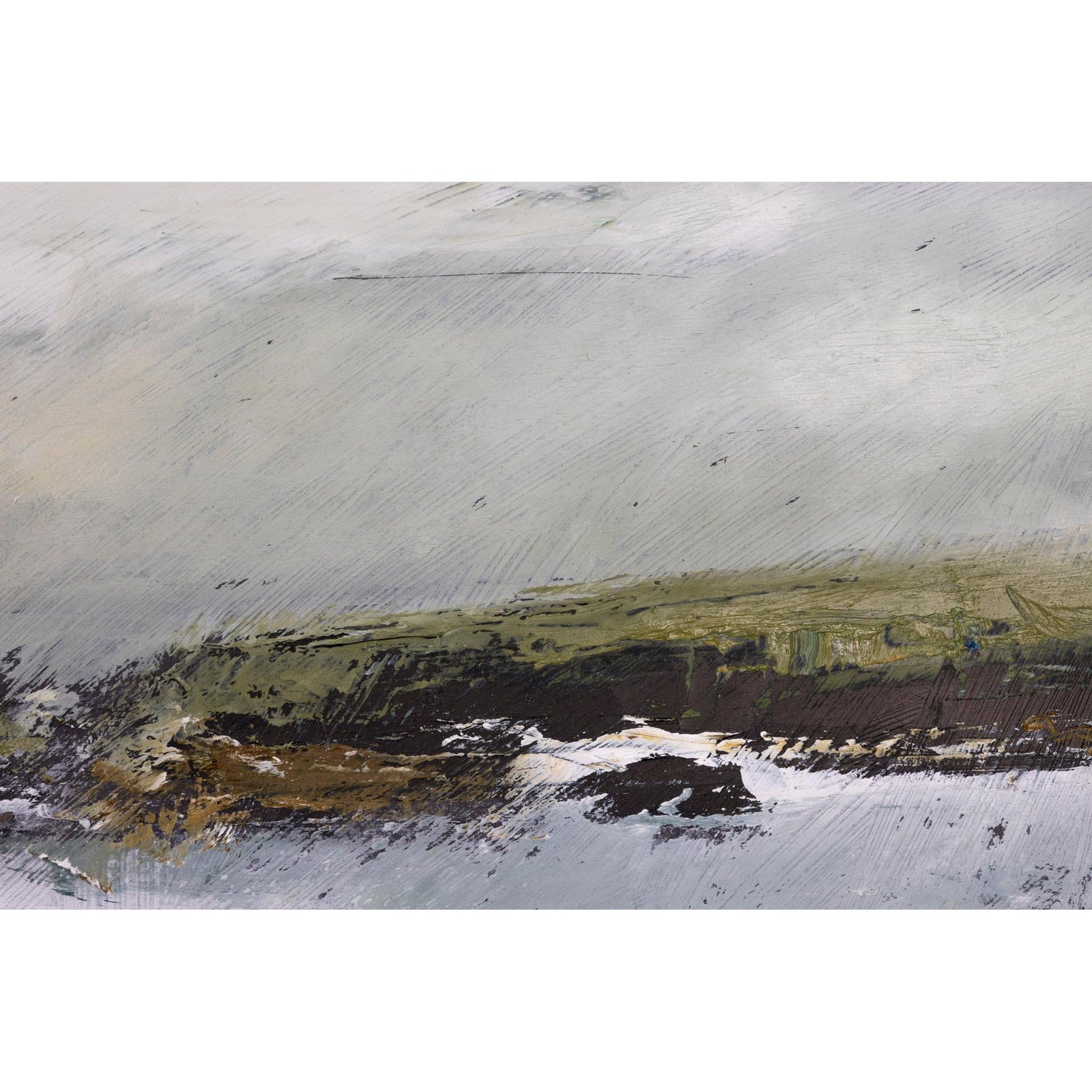 An abstract landscape painting featuring a textured, impasto brushstroke sky in shades of gray and beige, meeting a dark green and brown horizon with white and black accents.