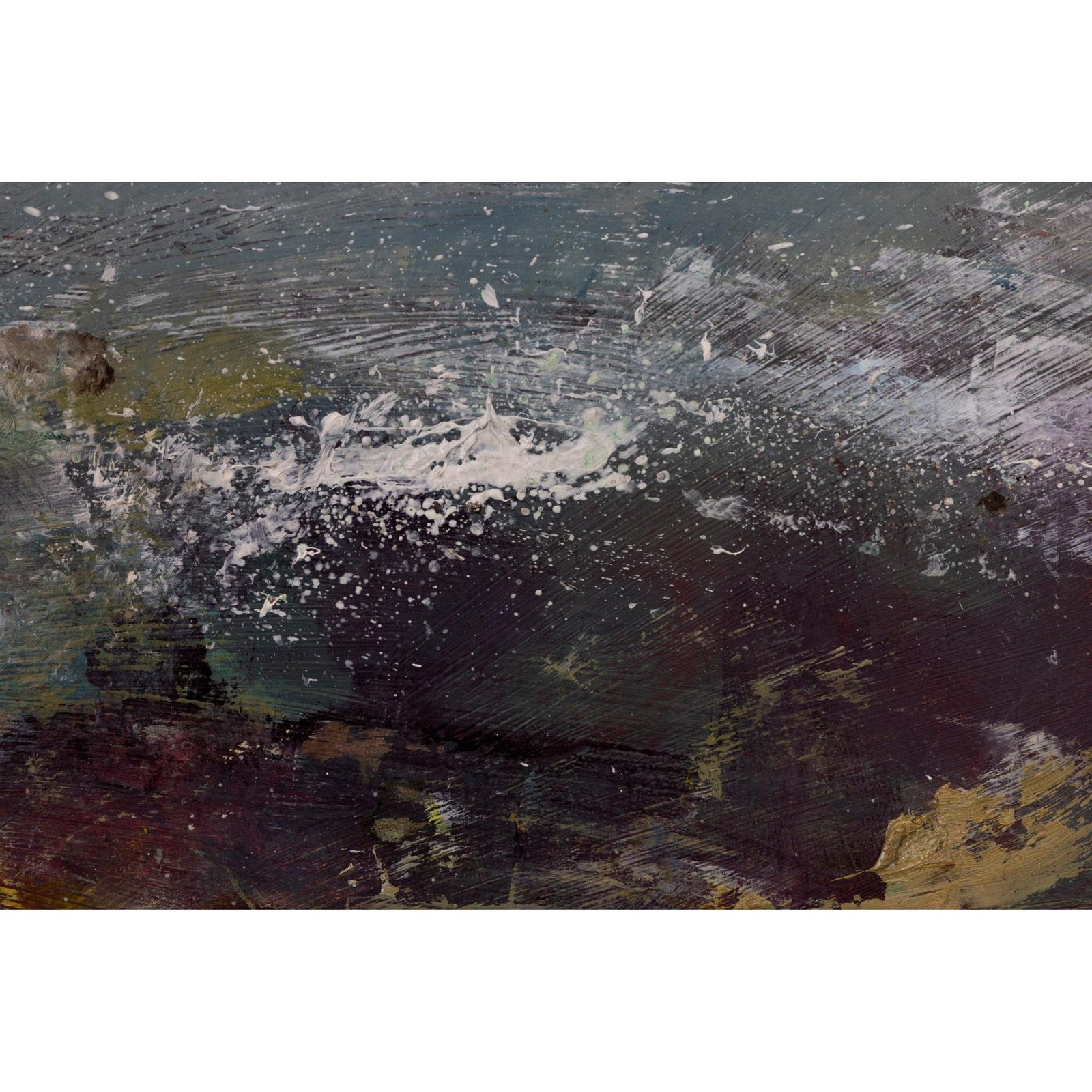 Abstract textured painting with layered brushstrokes in dark charcoal, muted blue-gray, olive green, cream, and touches of ochre yellow.