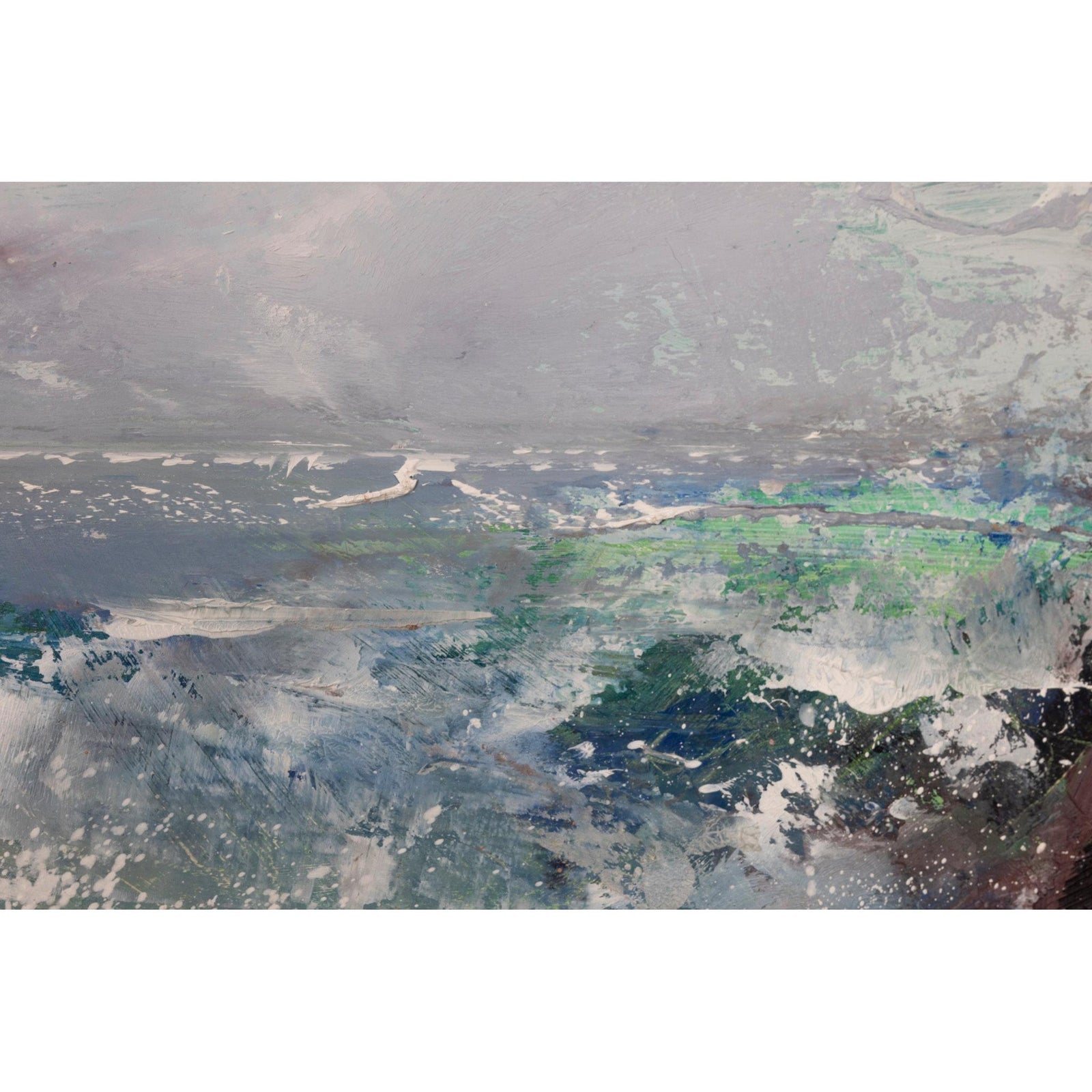 An abstract landscape painting featuring textured brushstrokes of gray, blue, green, and white, depicting a misty coastal or river scene.