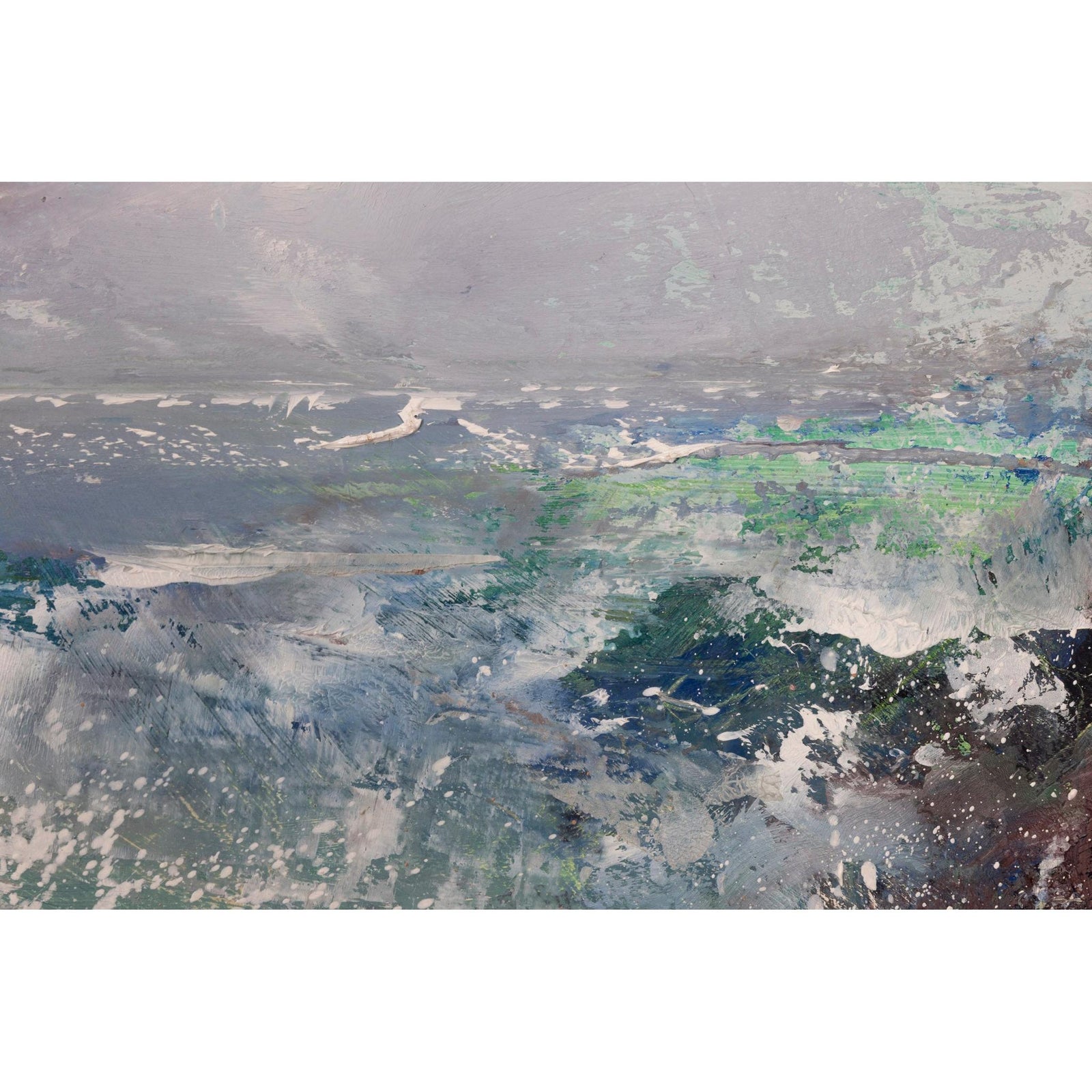 An abstract landscape painting featuring textured brushstrokes of gray, white, blue, green, and dark charcoal tones.