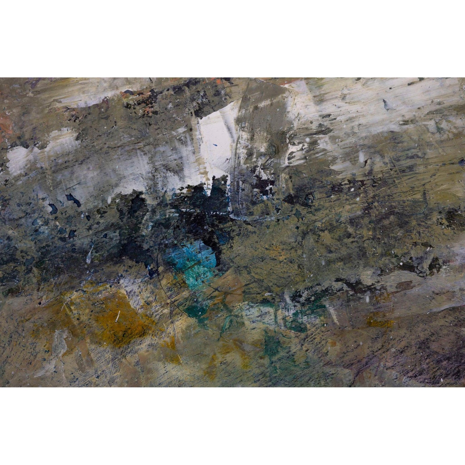 Abstract textured painting with layered brushstrokes in gray, beige, brown, black, muted gold, and a small turquoise accent.