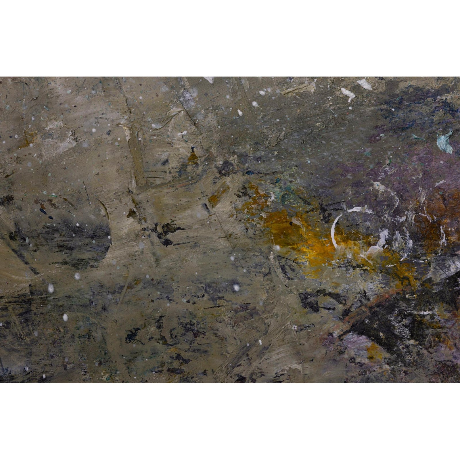Abstract textured painting with layered brushstrokes in gray, brown, black, white, and orange-yellow tones.