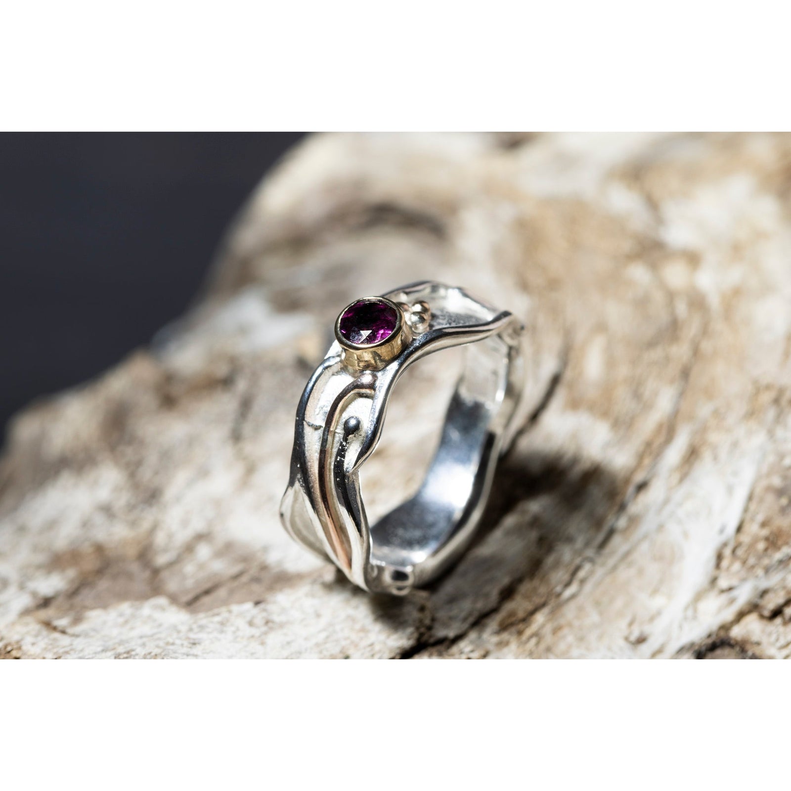 'LG109 Silver and 9ct Gold 4mm Rhodalite Garnet Ring' by Les Grimshaw, available at Padstow Gallery, Cornwall
