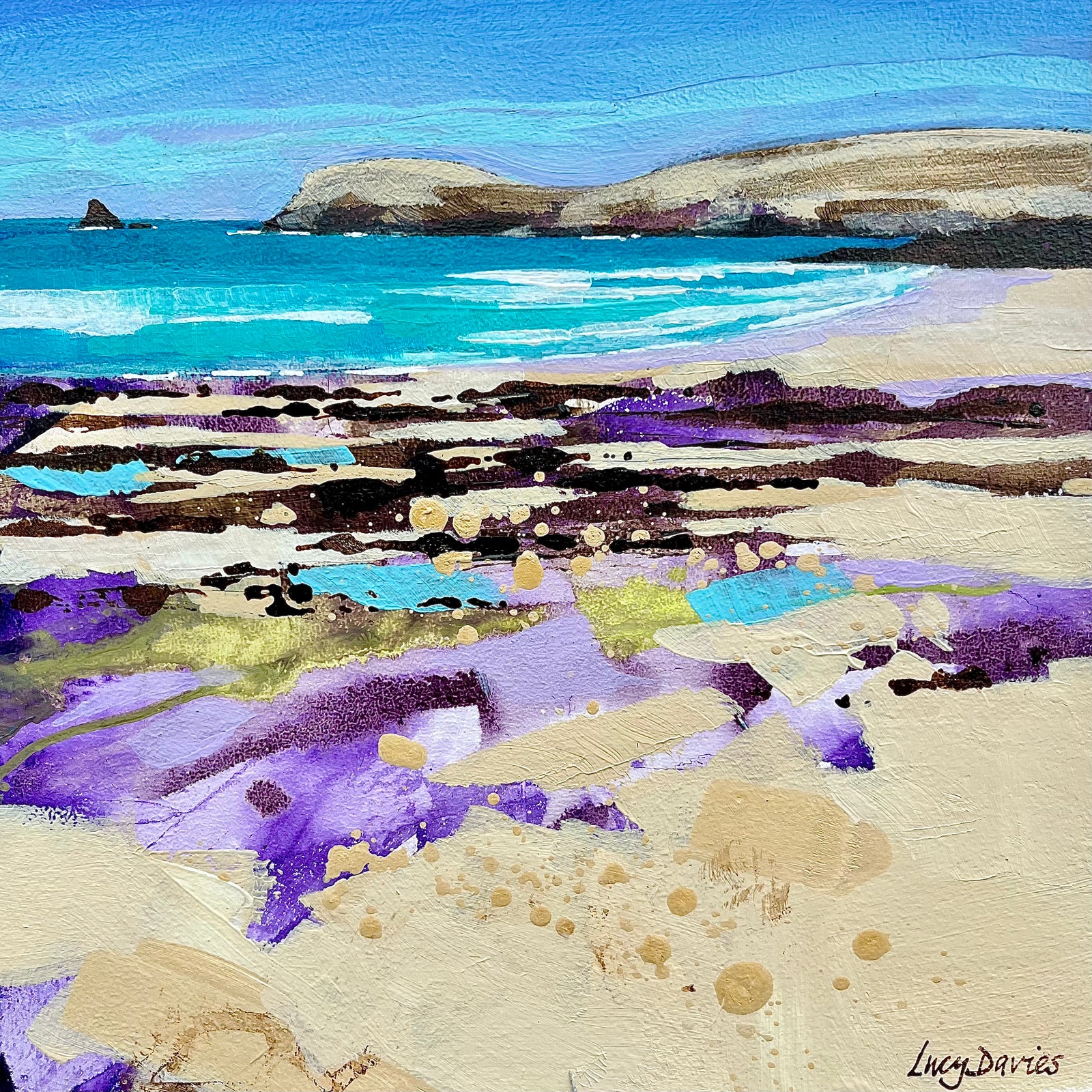 Abstract art of a beach scene with purple, blue, and beige colors.