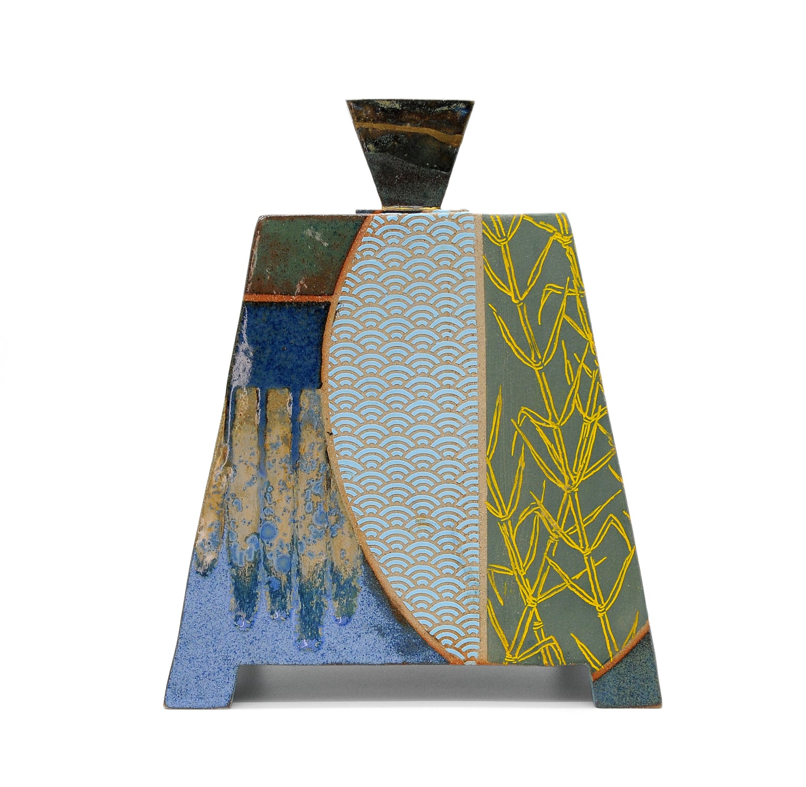 MK48 Box Pyramid with brass kintsugi By Miae Kim ceramics available at Padstow Gallery, Cornwall