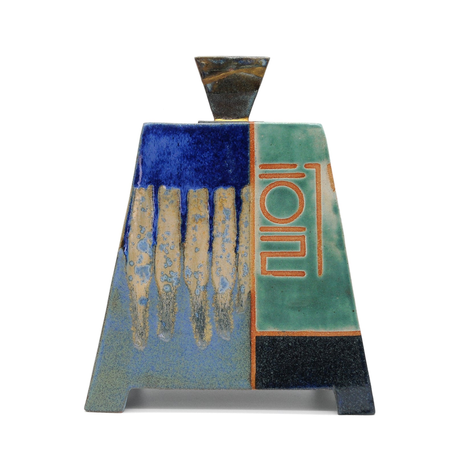 MK48 Box Pyramid with brass kintsugi By Miae Kim ceramics available at Padstow Gallery, Cornwall