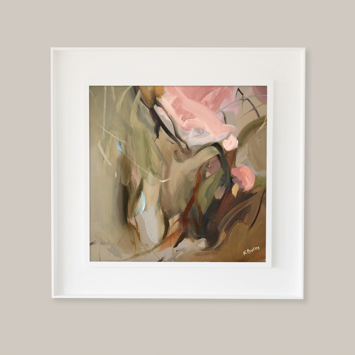 Pompom by Kate Burns. Framed abstract painting with soft colours on a beige wall