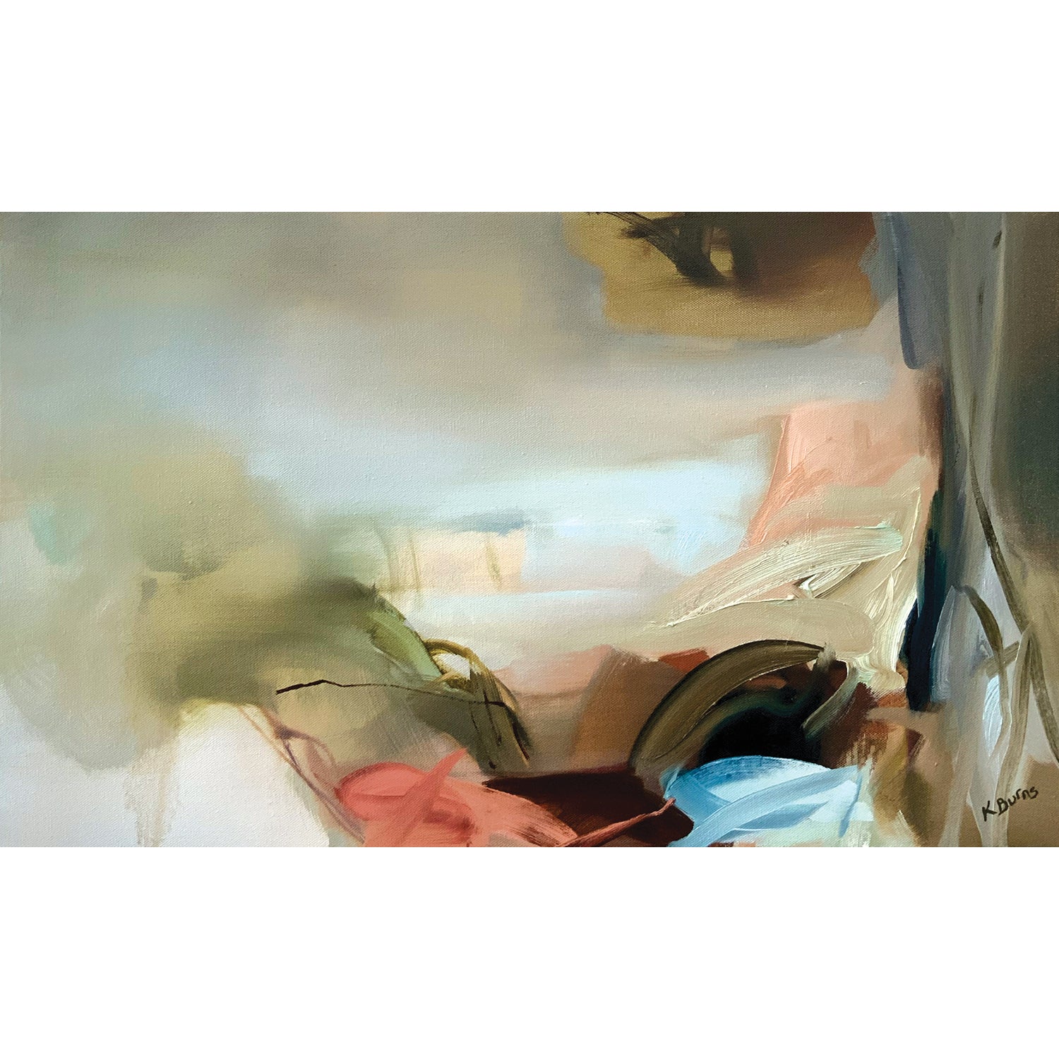 Until Tomorrow an oil original by Kate Burns, available at Padstow Gallery, Cornwall. Abstract painting in a white frame on a beige wall