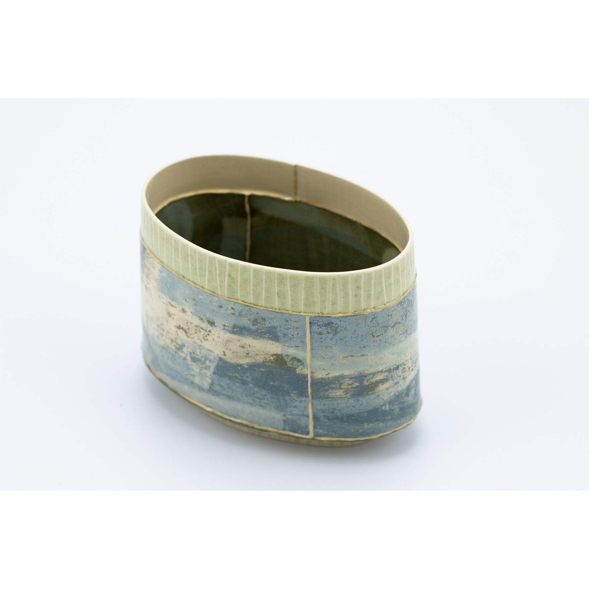 Small Oval Vessel (SO69) | Green Stripe | handbuilt ceramic created by Emily-Kriste Wilcox, available from Padstow Gallery, Cornwall