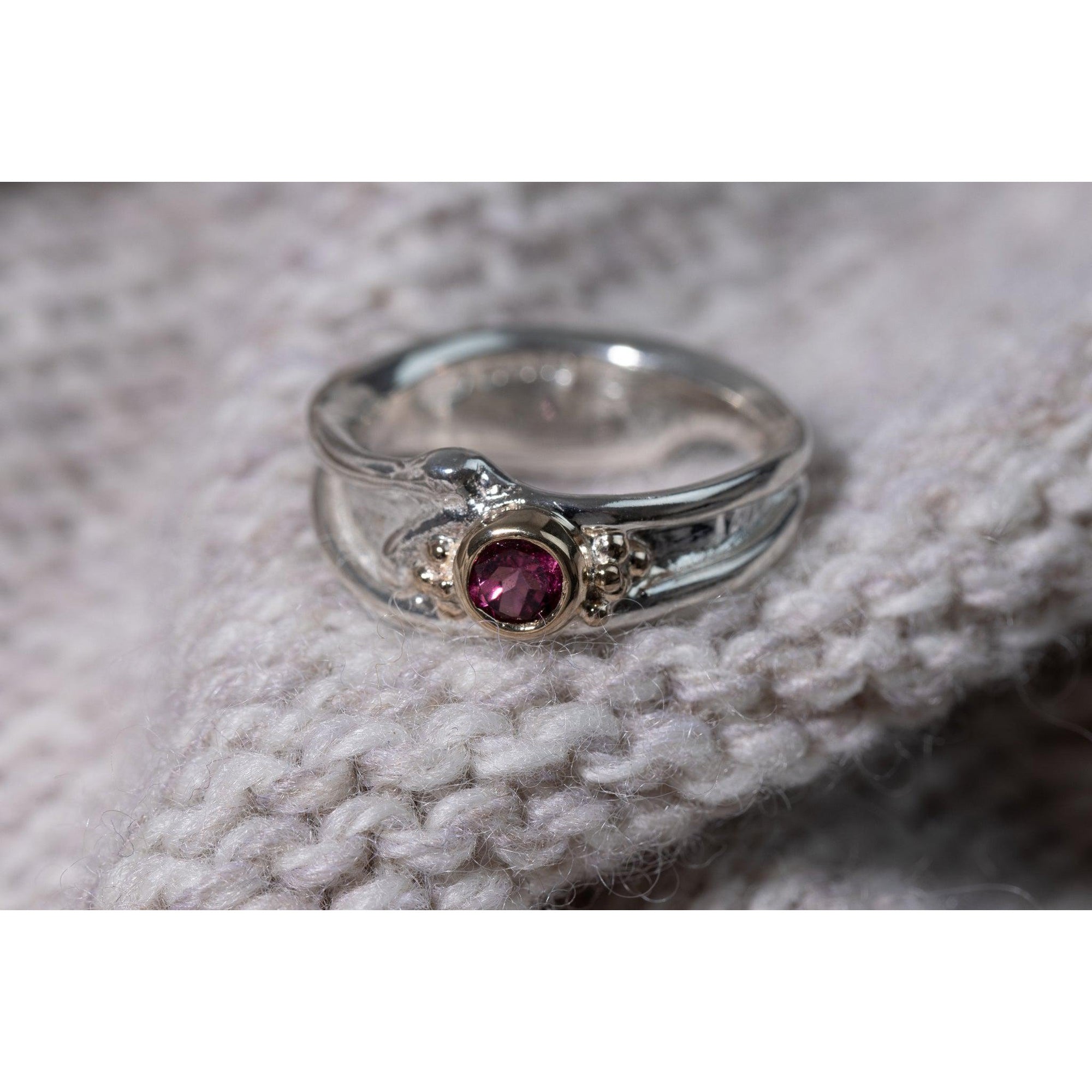 'LG58 - Silver Ring with 9ct Gold 4mm Rhodalite ' by Les Grimshaw, available at Padstow Gallery, Cornwall