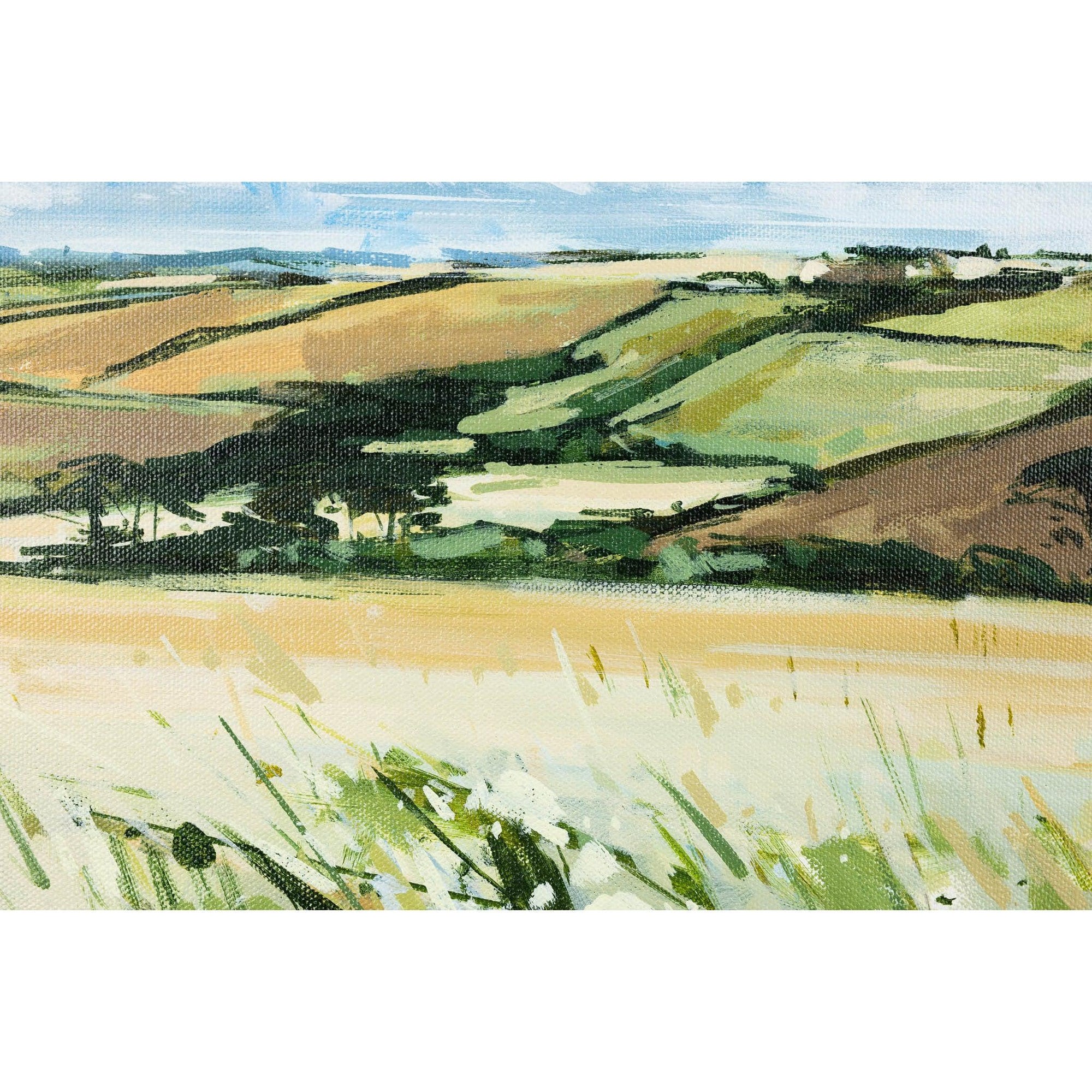 ’Summer Fields By The Estuary’ acrylic and oil on canvas by Imogen Bone. Available at Padstow Gallery, Cornwall