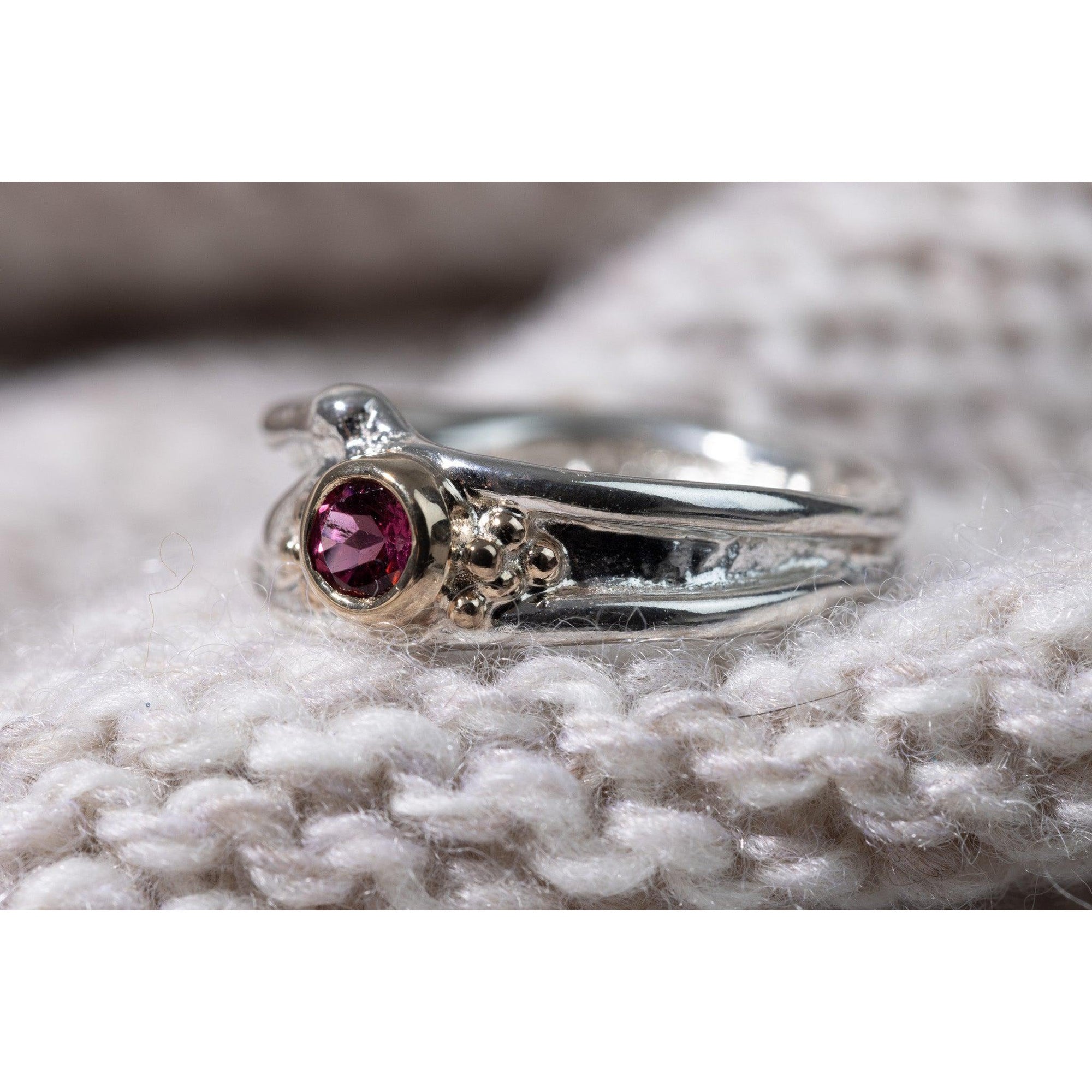 'LG58 - Silver Ring with 9ct Gold 4mm Rhodalite ' by Les Grimshaw, available at Padstow Gallery, Cornwall
