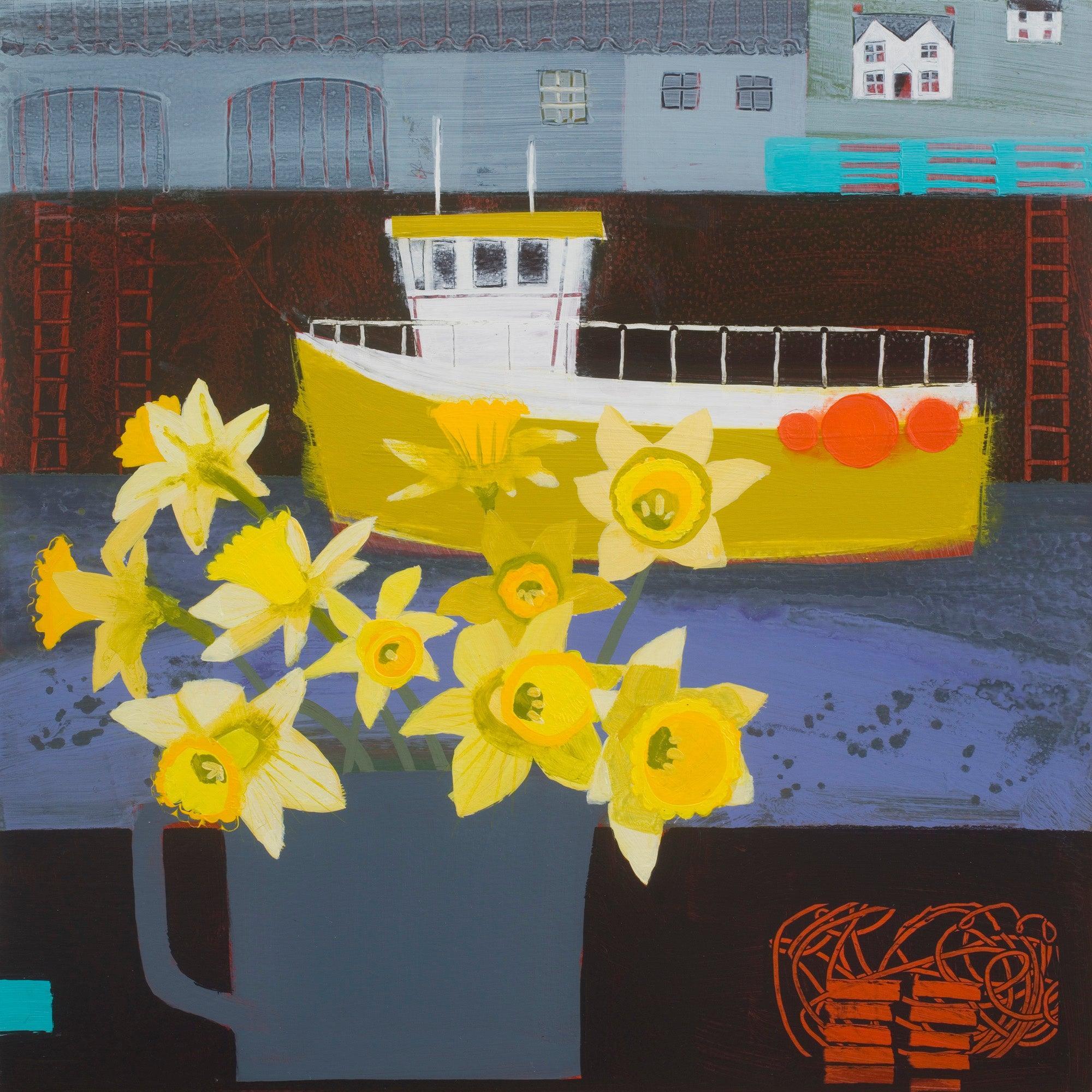 Yellow boat, yellow daffodils by Emma Dunbar available at Padstow Gallery Cornwall
