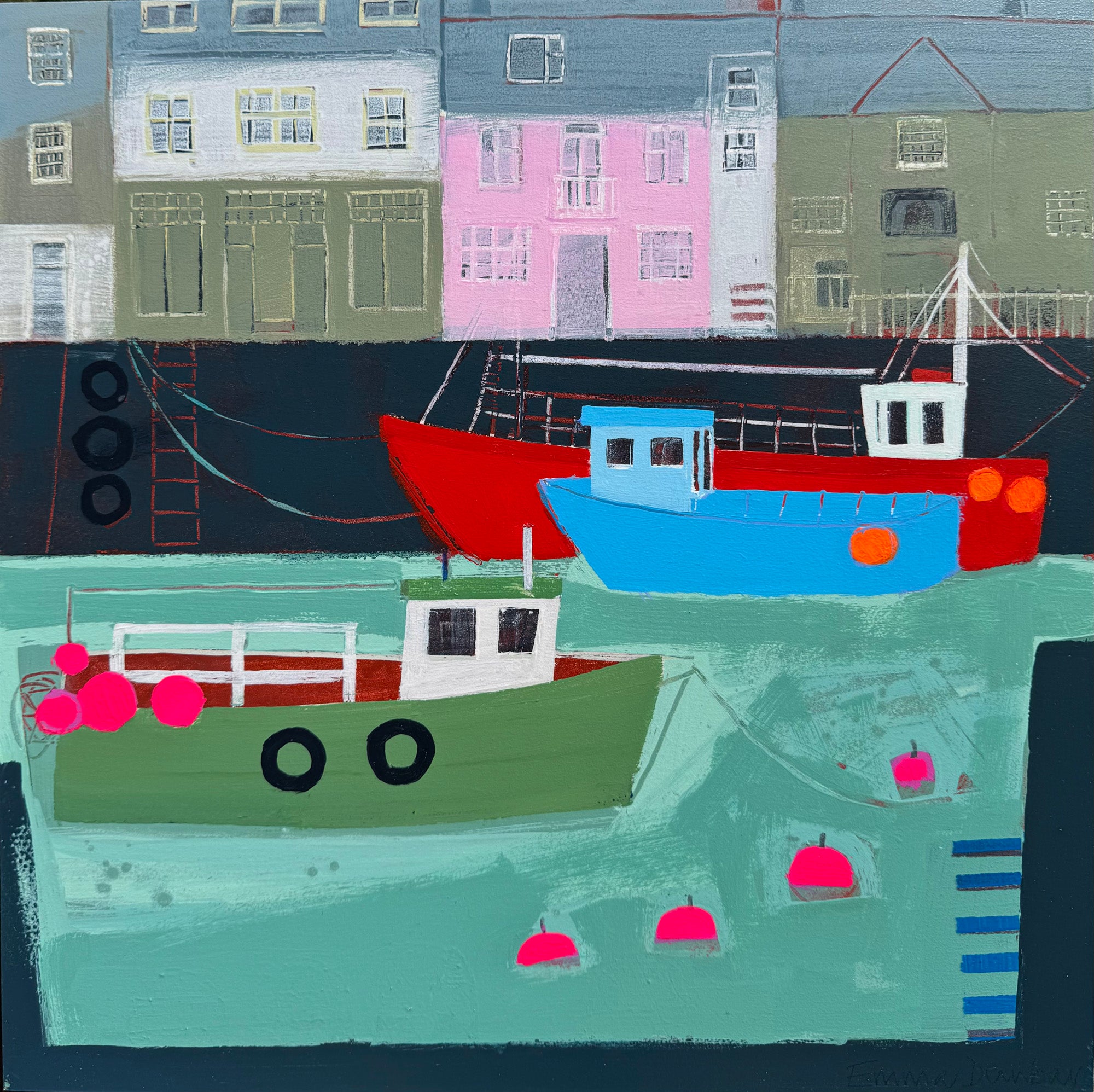 Pink House Pink Buoys by Emma Dunbar available at Padstow Gallery Cornwall