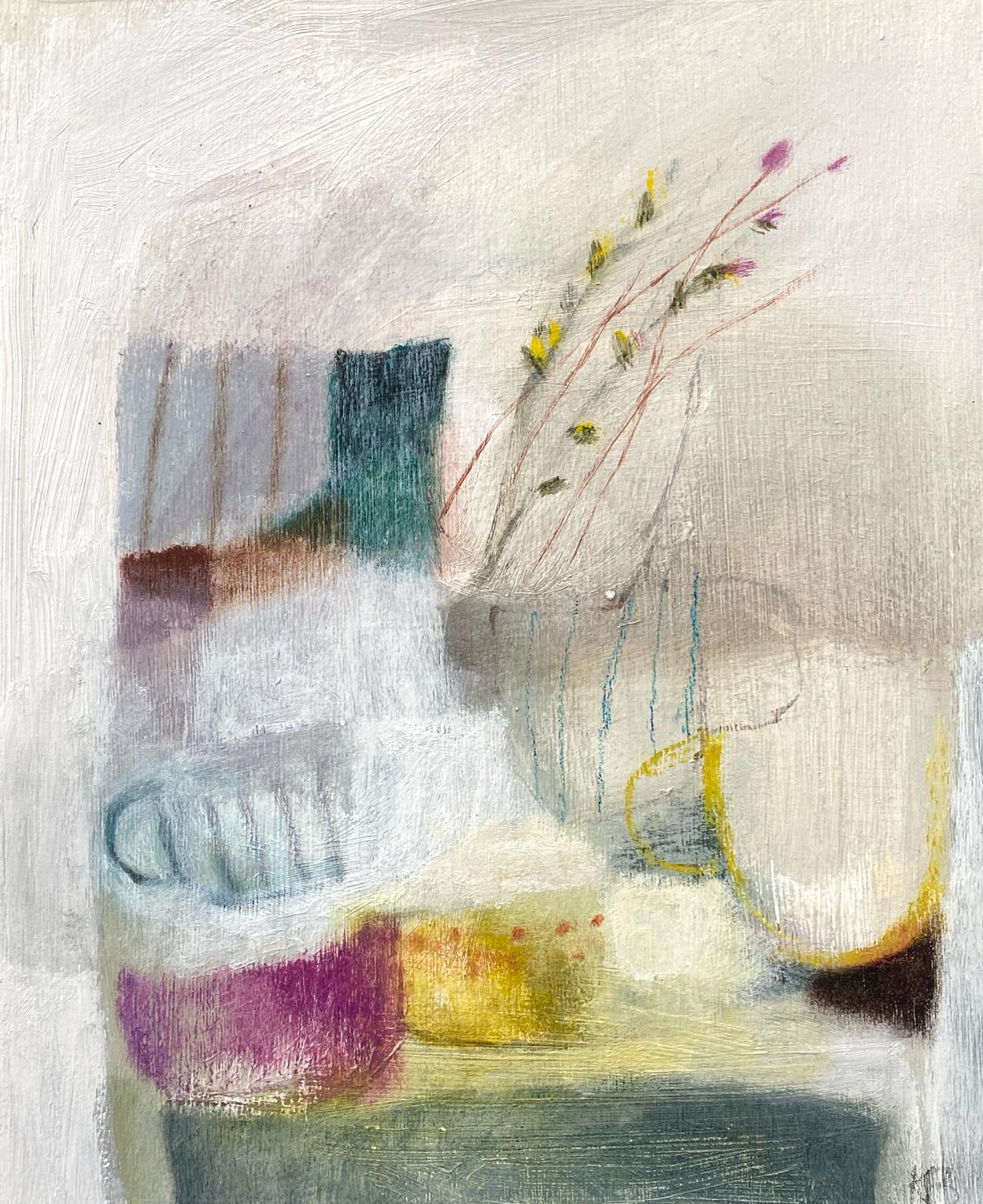 ‘Pink and Yellow Cups’ mixed media and collage on board, by Karen Birchwood, available at Padstow Gallery, Cornwall