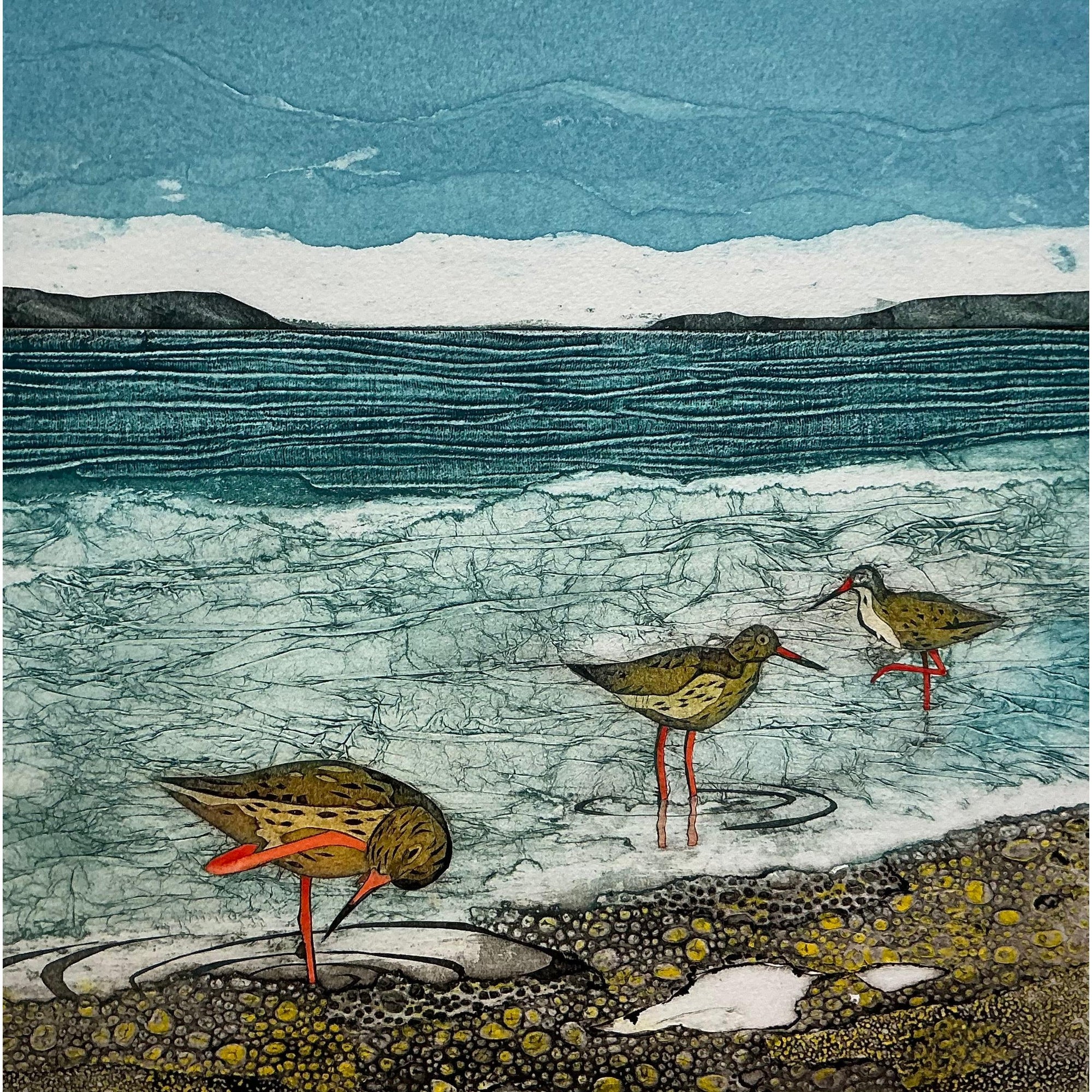 A Splash Of Red, collagraph by Sarah Ross-Thompson, available at Padstow Gallery, Cornwall