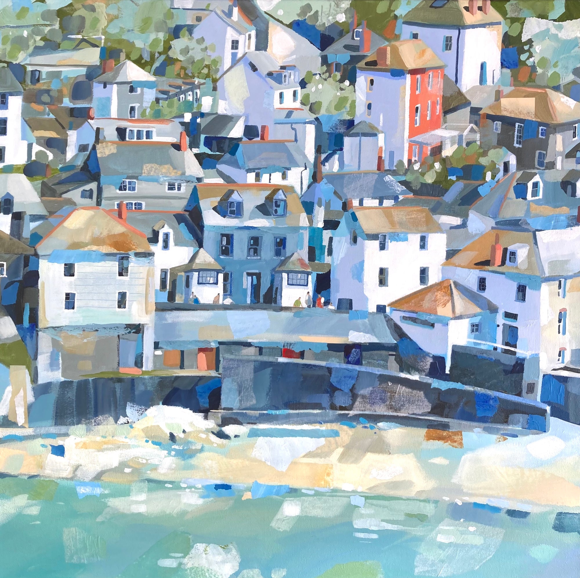 'Port Isaac on a Bright Day' a mixed media original by Claire Henley, available at Padstow Gallery, Cornwall