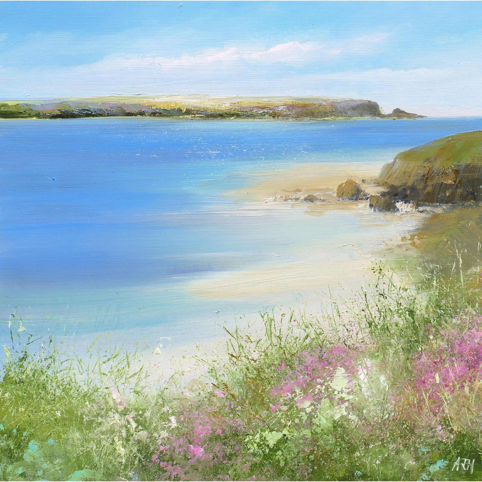 Daymer Bay From Rock oil painting by Amanda Hoskin available at Padstow Gallery, Cornwall
