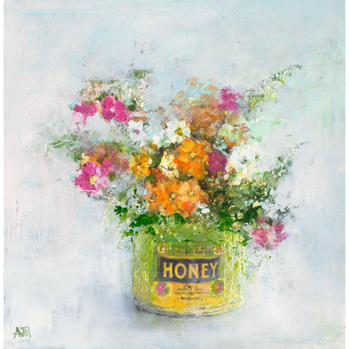 Garden Flowers In A Honey Pot, oil painting by Amanda Hoskin available at Padstow Gallery, Cornwall
