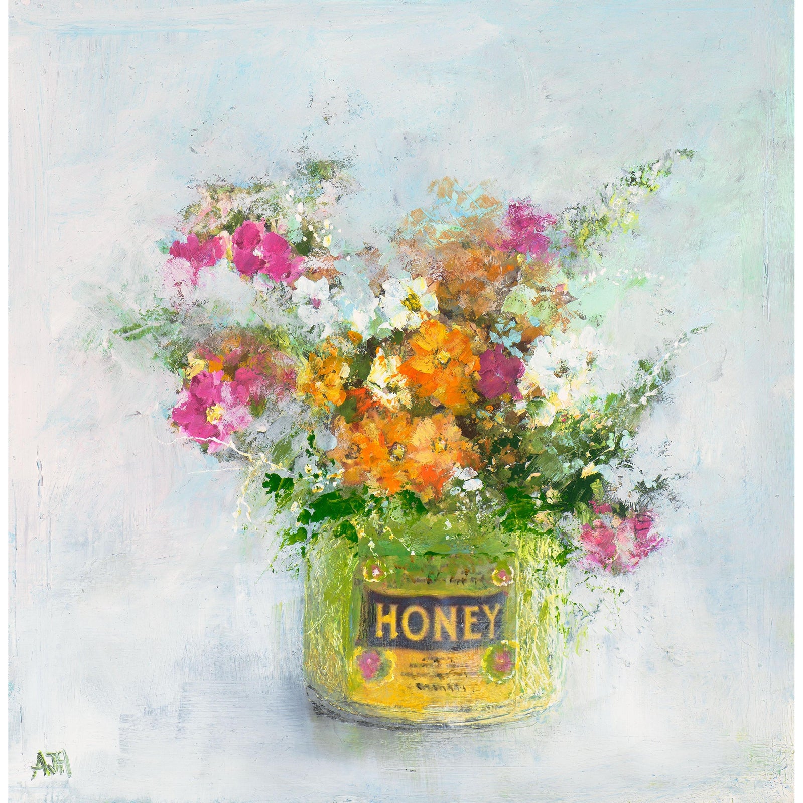 Garden Flowers In A Honey Pot, oil painting by Amanda Hoskin available at Padstow Gallery, Cornwall