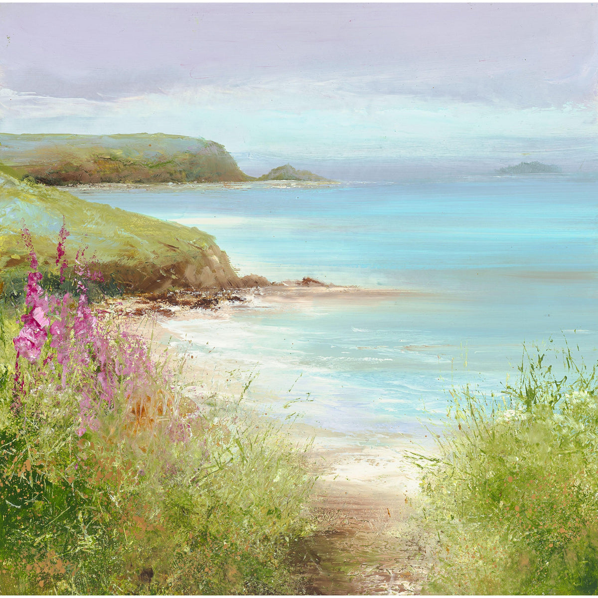 Foxgloves On A Summer Path, Daymer Bay, oil painting by Amanda Hoskin available at Padstow Gallery, Cornwall