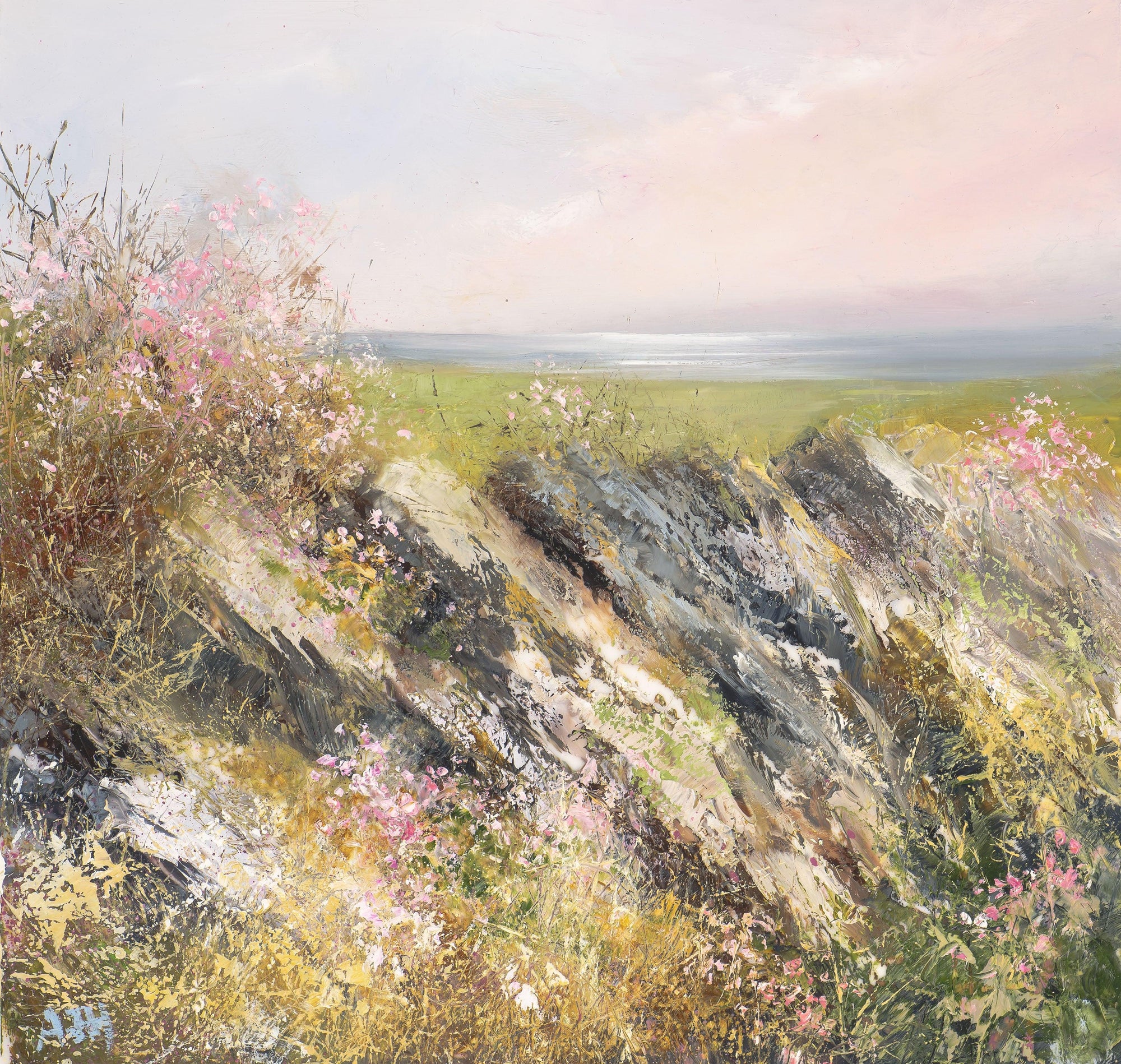 Sea Pinks and Distant Light on the North Cornish Coast by Amanda Hoskin available at Padstow Gallery, Cornwall