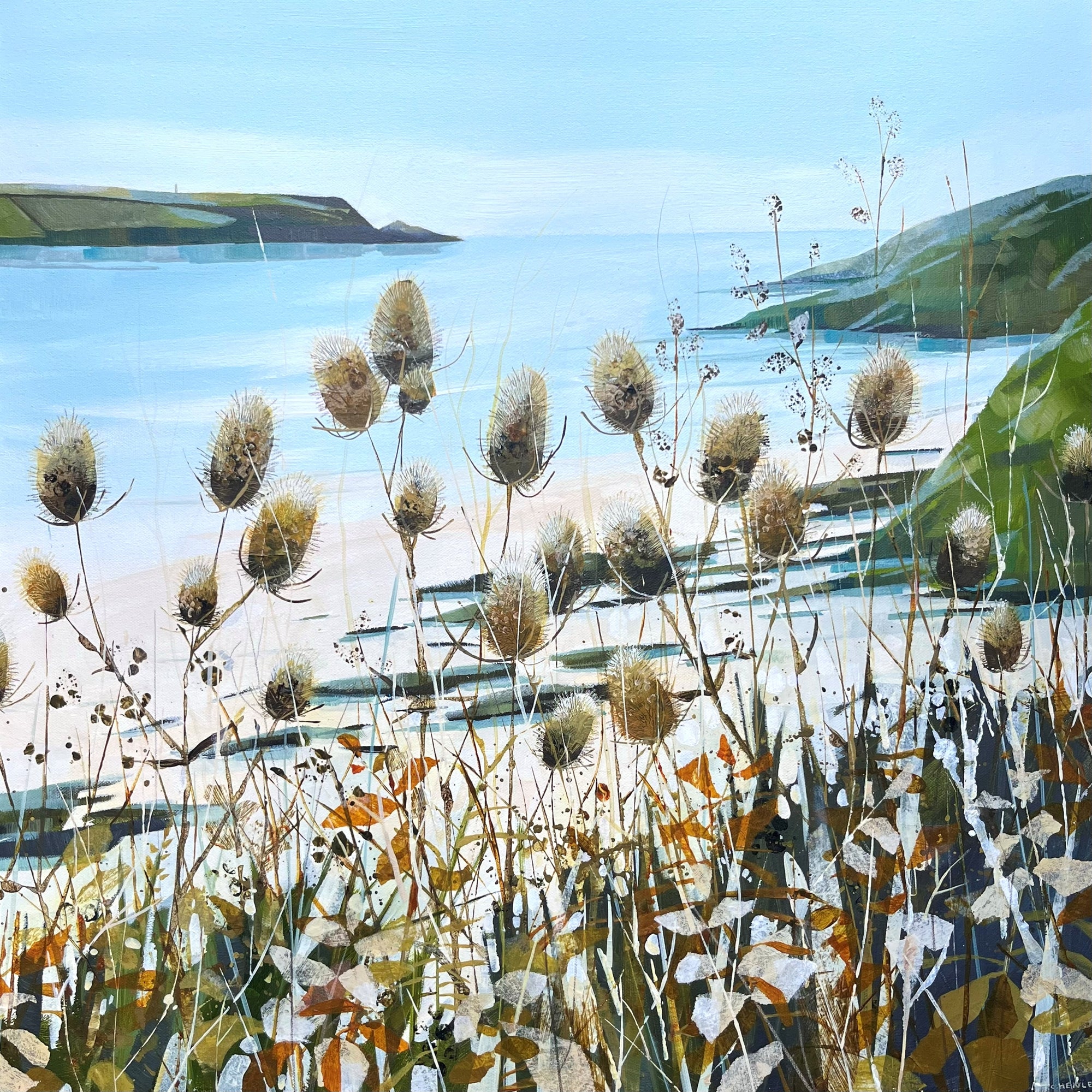 Autumn Teasels, Camel Estuary mixed media original painting by Claire Henley, available at Padstow Gallery, Cornwall