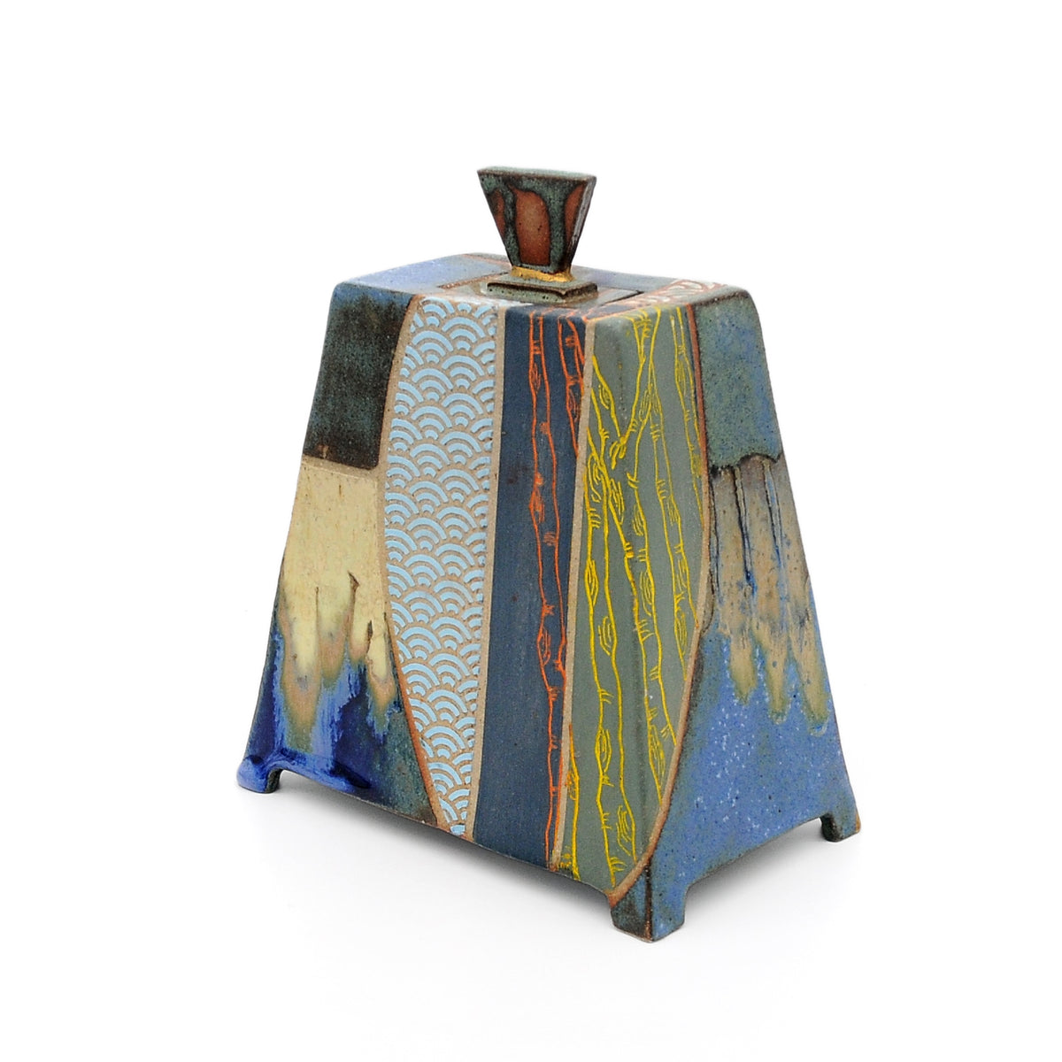 MK53 Pyramid Box with brass kintsugi By Miae Kim ceramics available at Padstow Gallery, Cornwall