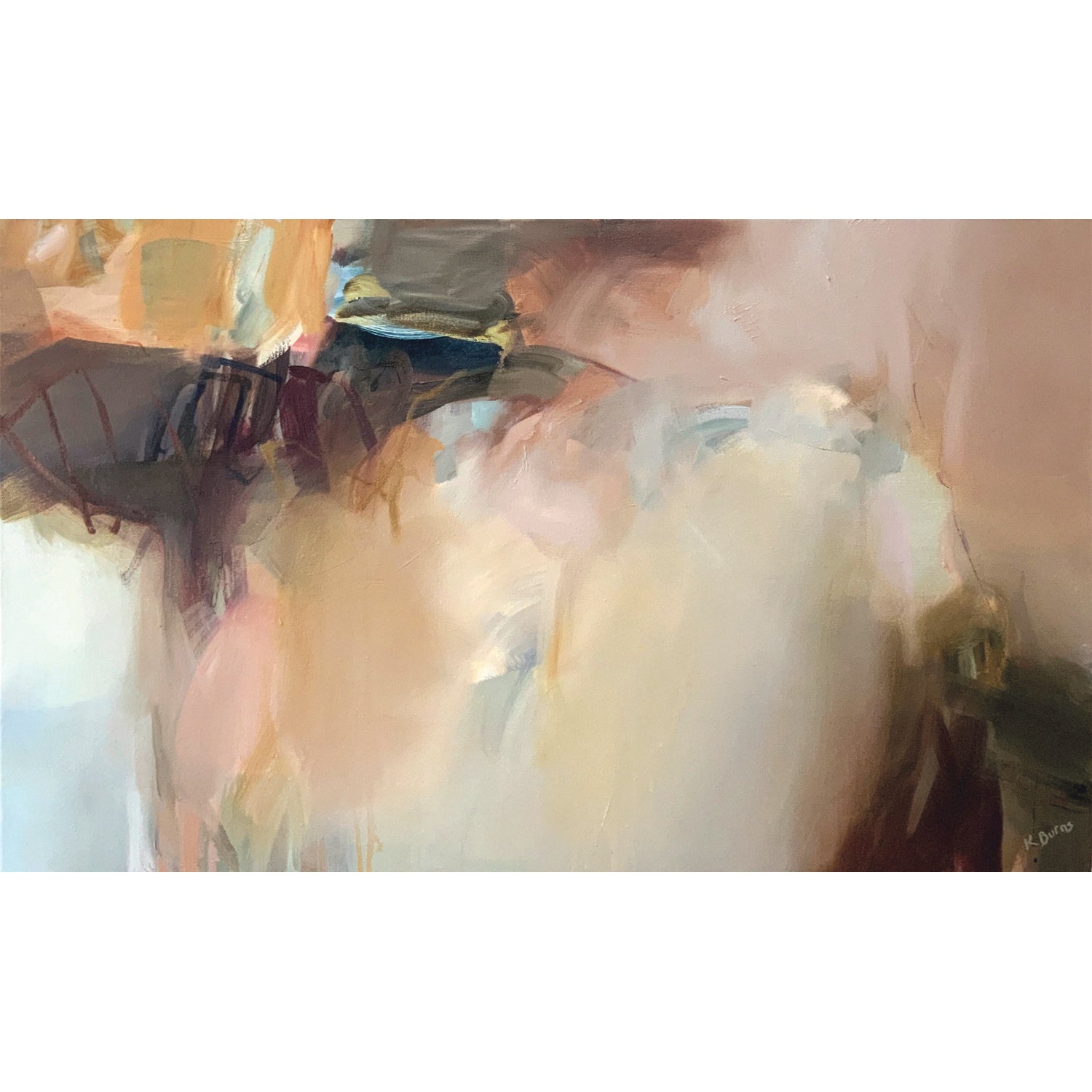Caution to the Wind by Kate Burns. Abstract painting in a white frame on a beige wall