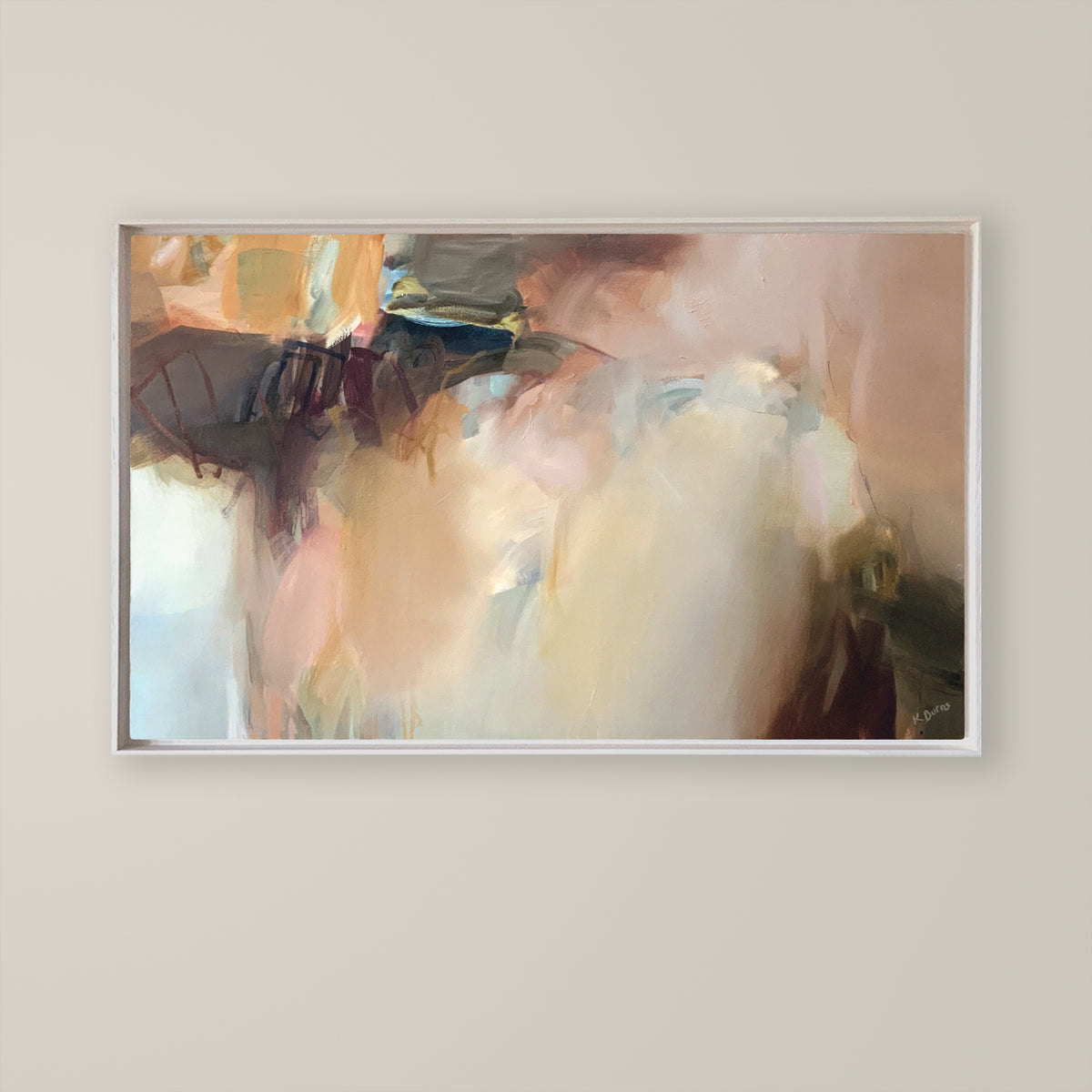 Caution to the Wind by Kate Burns. Abstract painting in a white frame on a beige wall