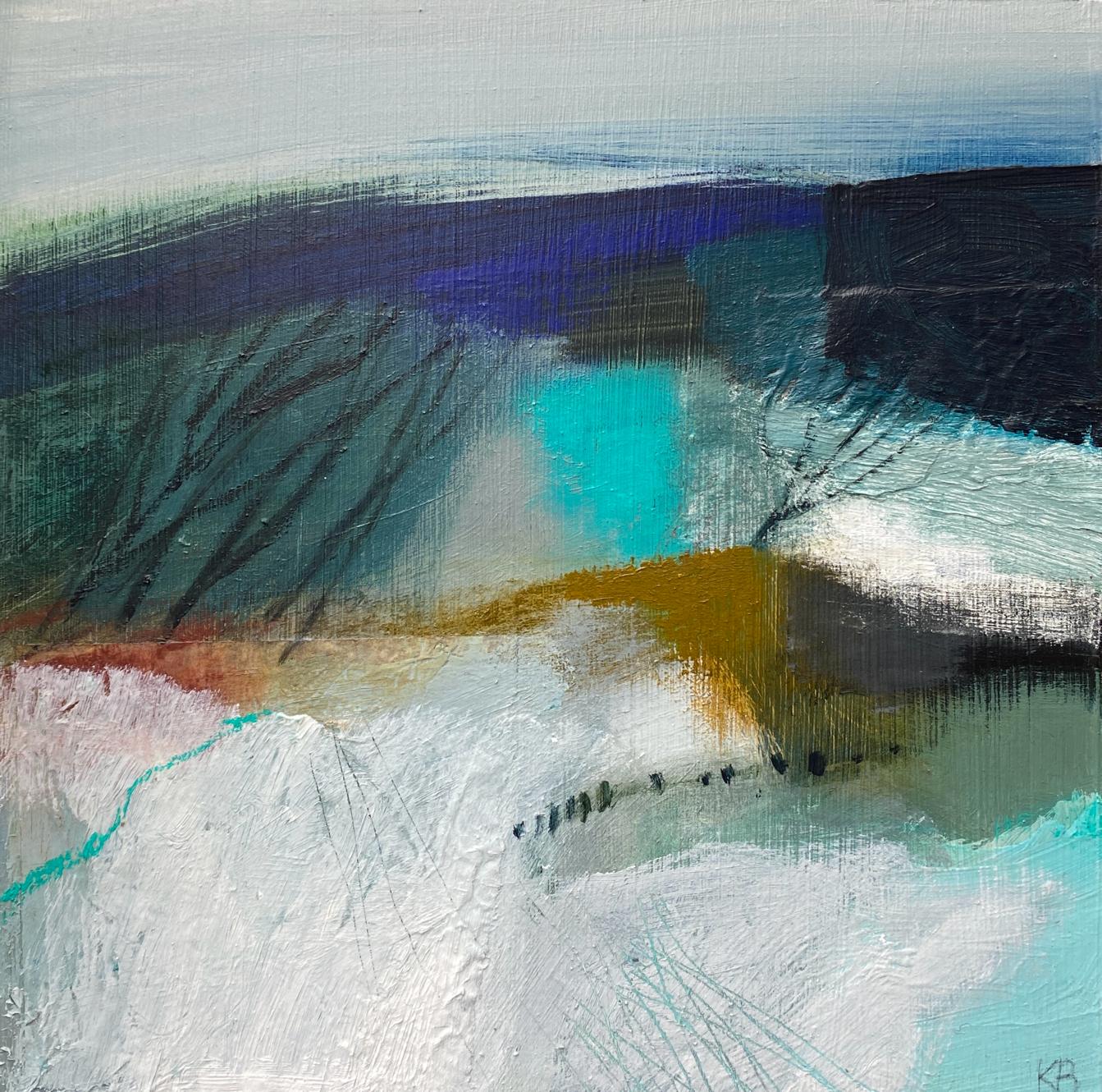 ‘To The Hills 3’ mixed media on board, by Karen Birchwood, available at Padstow Gallery, Cornwall