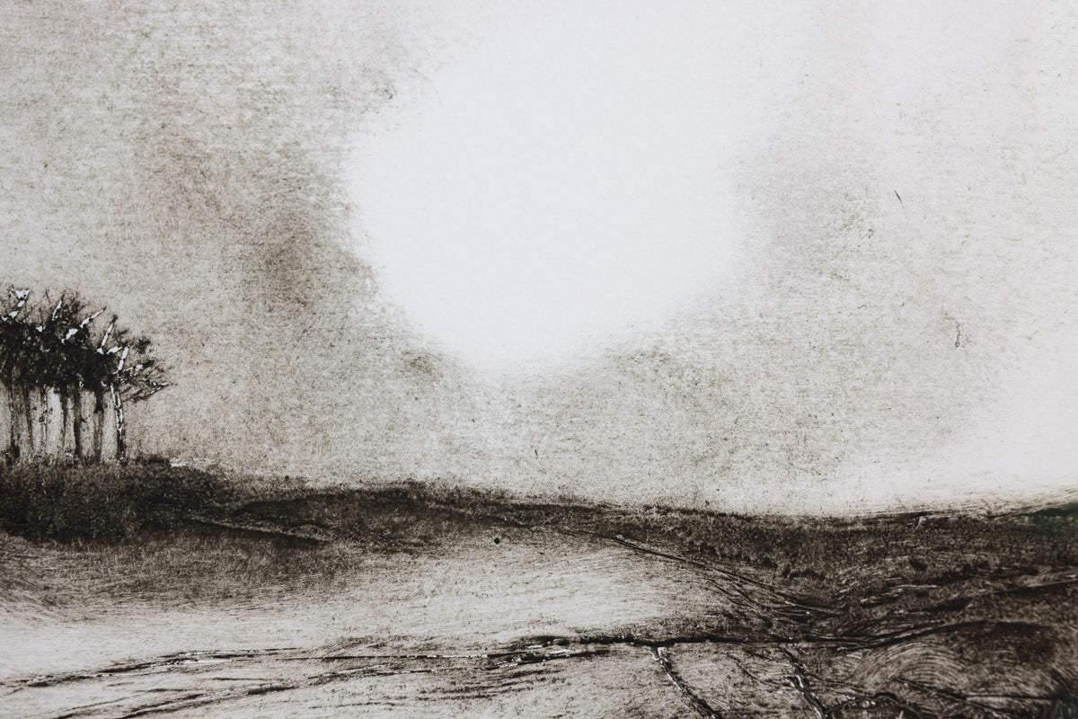 close up of 'Morning Promise' framed collagraph by Zoe Duncan available at Padstow Gallery, Cornwall