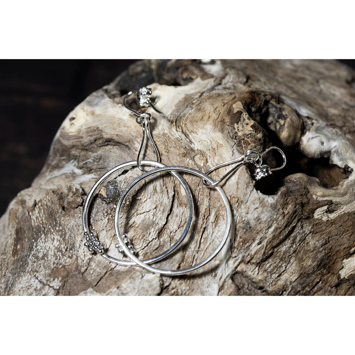 SA Ea143 Silver hoop drop earrings&#39; by Sandra Austin jewellery, available at Padstow Gallery, Cornwall