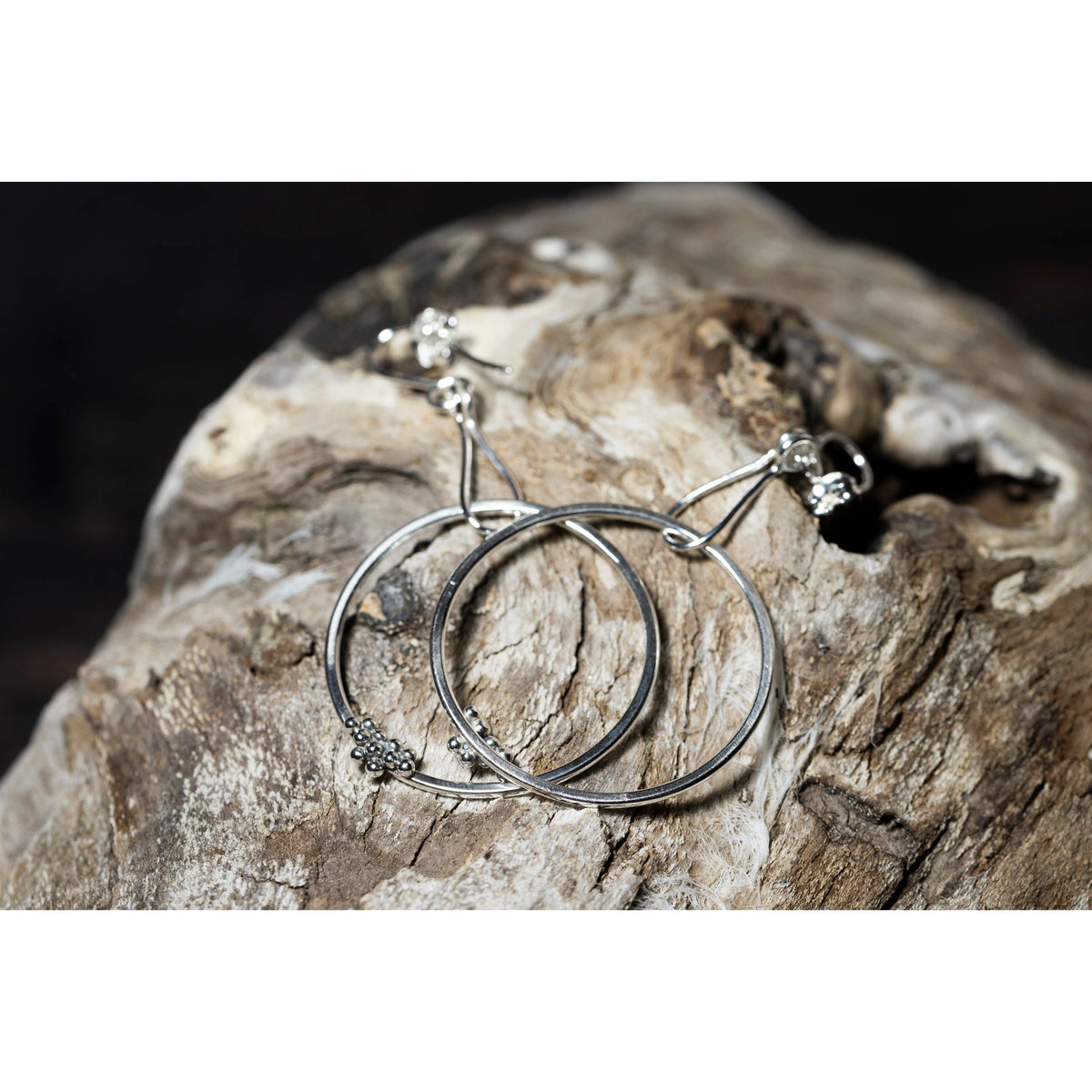 SA Ea143 Silver hoop drop earrings' by Sandra Austin jewellery, available at Padstow Gallery, Cornwall