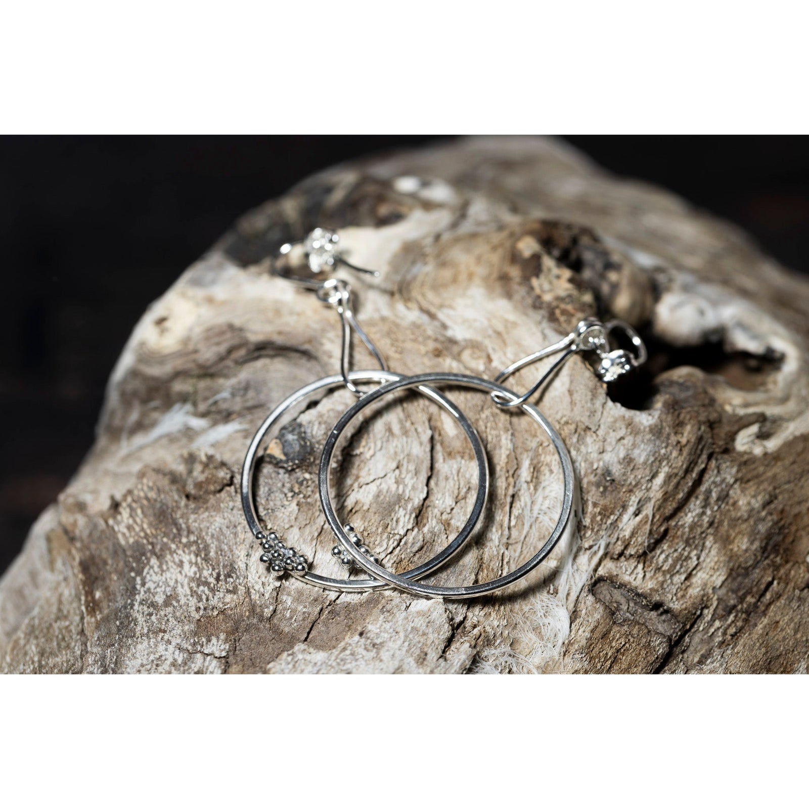 SA Ea143 Silver hoop drop earrings' by Sandra Austin jewellery, available at Padstow Gallery, Cornwall