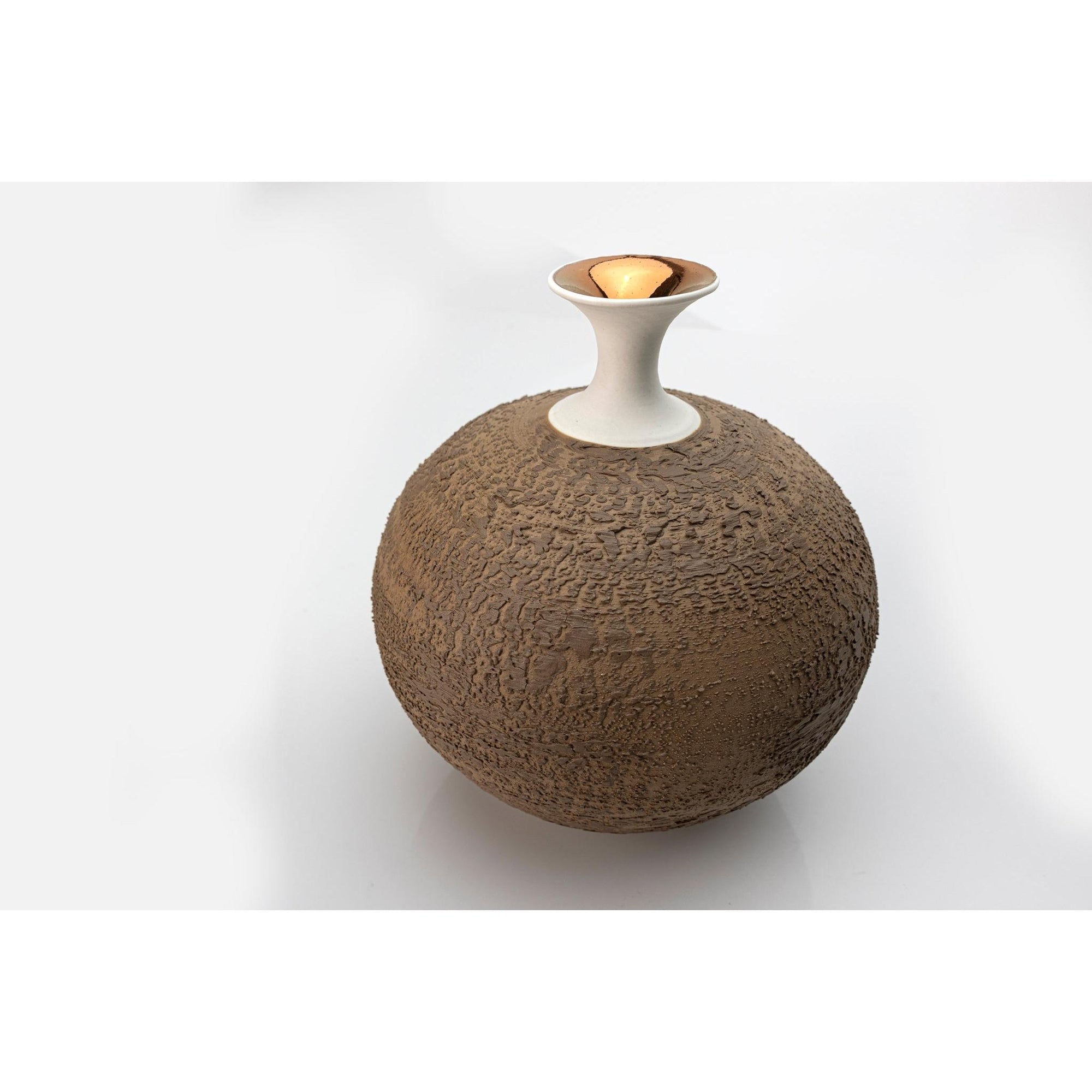 AMC204 Mocha Mousse Textured Round Vessel with Copper Lustre by Alex McCarthy available at Padstow Gallery, Cornwall