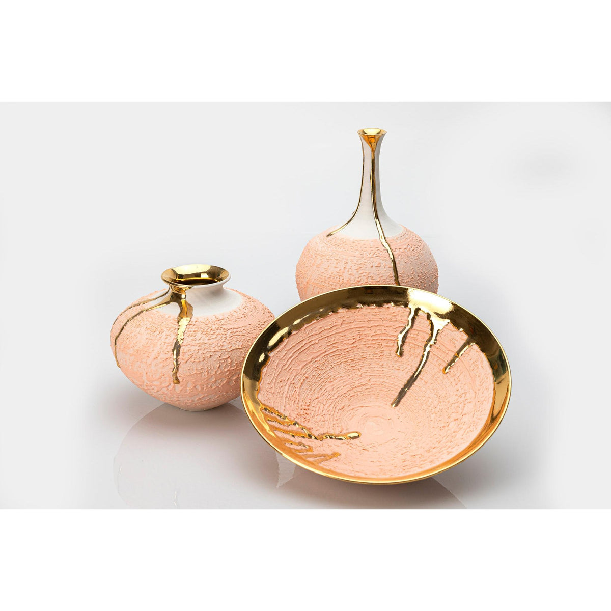 AMC210 Peach Fuzz Long Neck Vase with Gold Lustre by Alex McCarthy available at Padstow Gallery, Cornwall