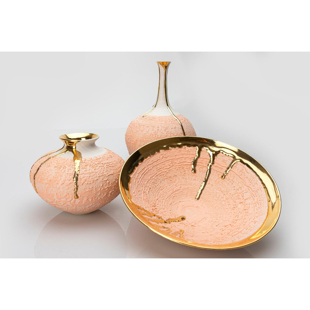 AMC208 Peach Fuzz Textured dish with Gold Lustre by Alex McCarthy available at Padstow Gallery, Cornwall