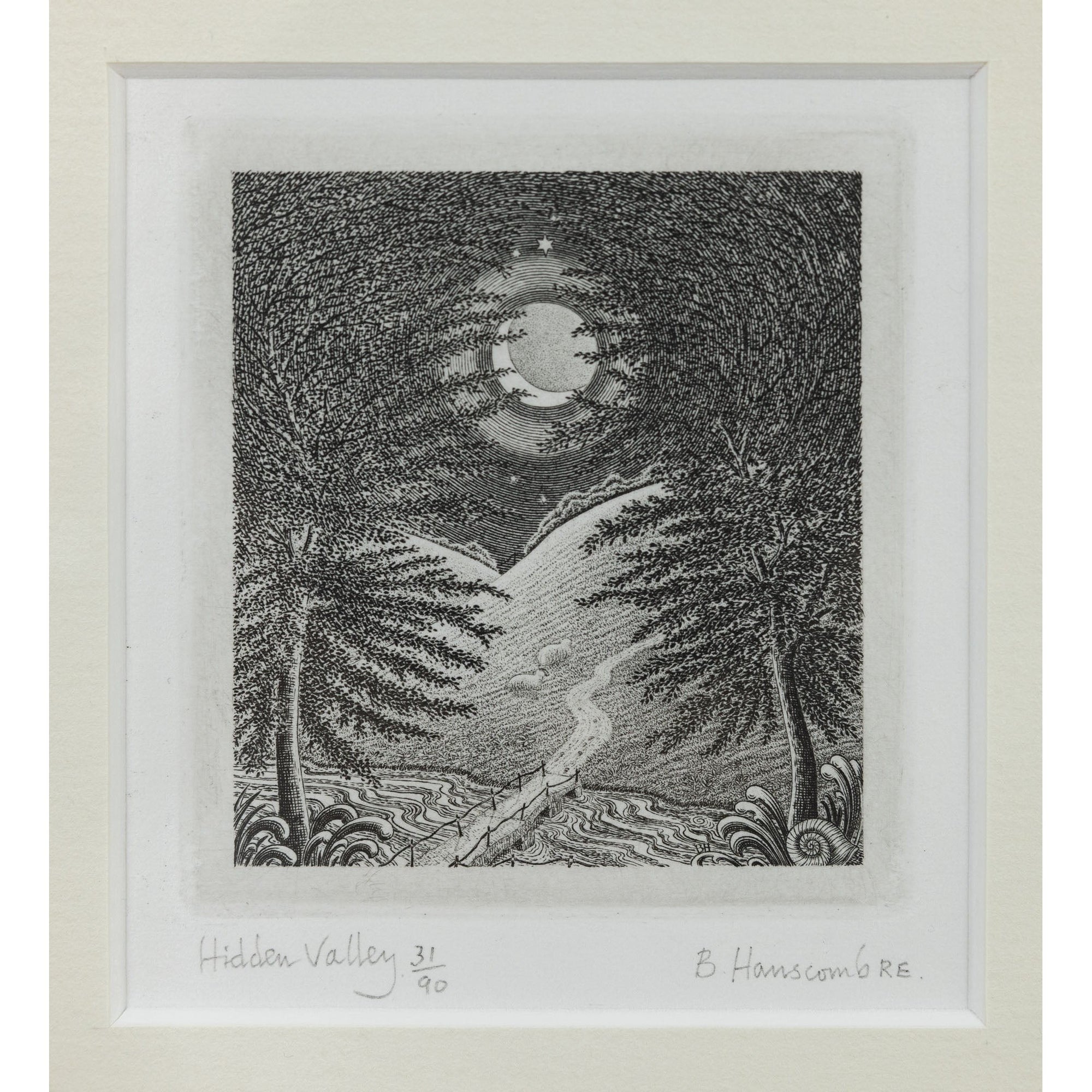 'Hidden Valley' copperplate engraving by Brian Hanscomb, available at Padstow Gallery, Cornwall